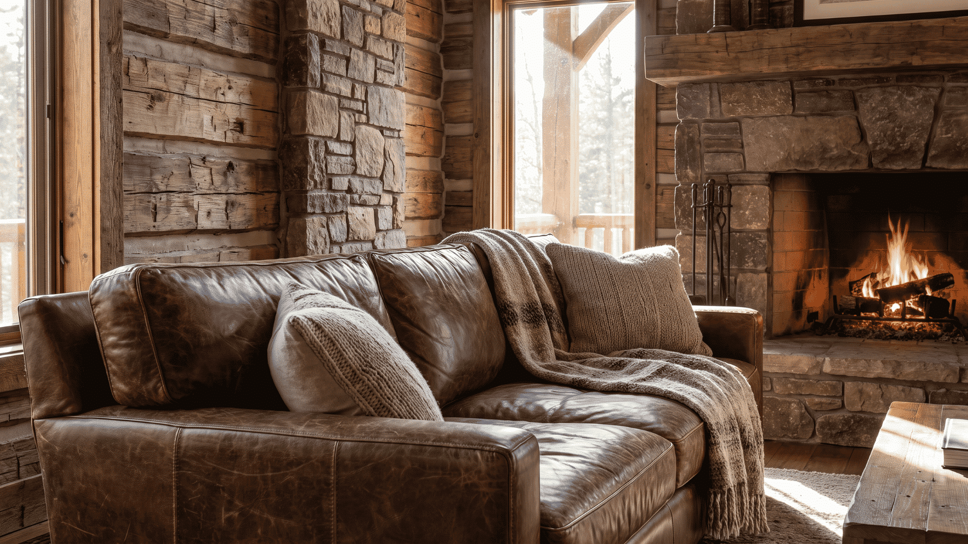 Leather sofa placed in rustic cabin living room