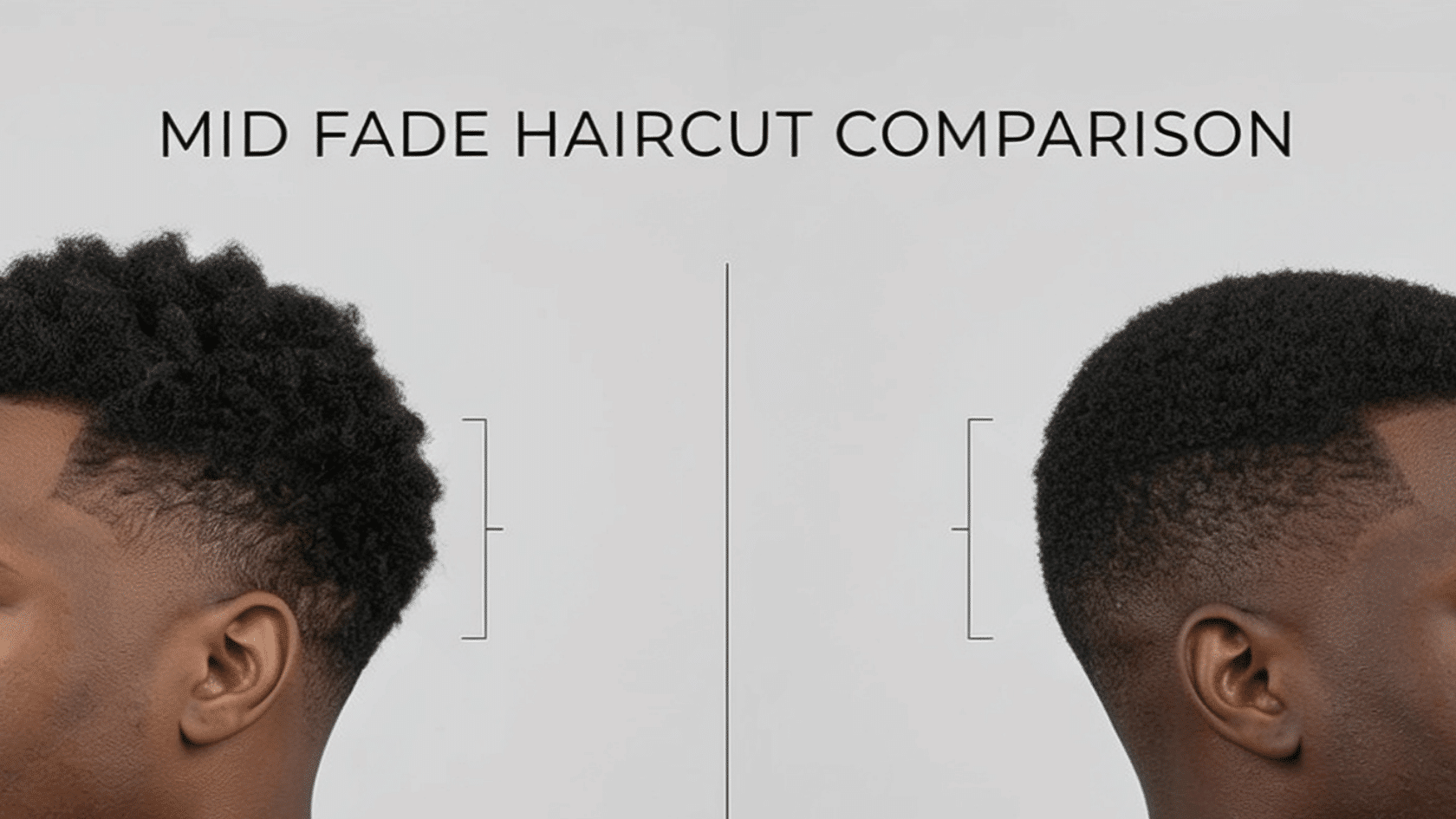 Side-by-side comparison of mid fade haircuts: defined mid fade vs soft mid fade on two men in profile