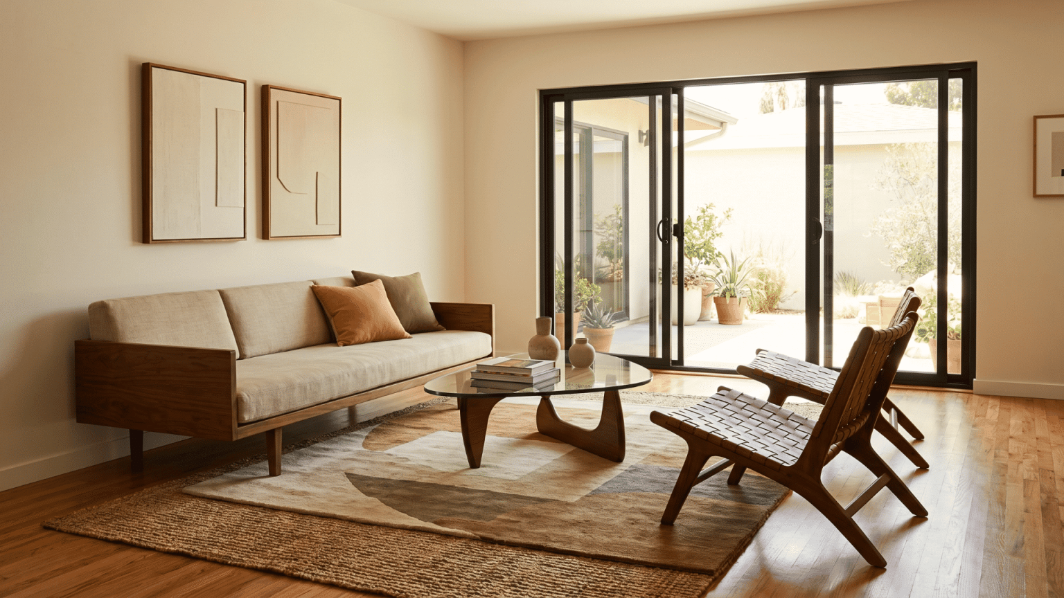 A modern, minimalist living room featuring a wooden sofa, a glass coffee table, and woven chairs facing a sliding glass patio door.