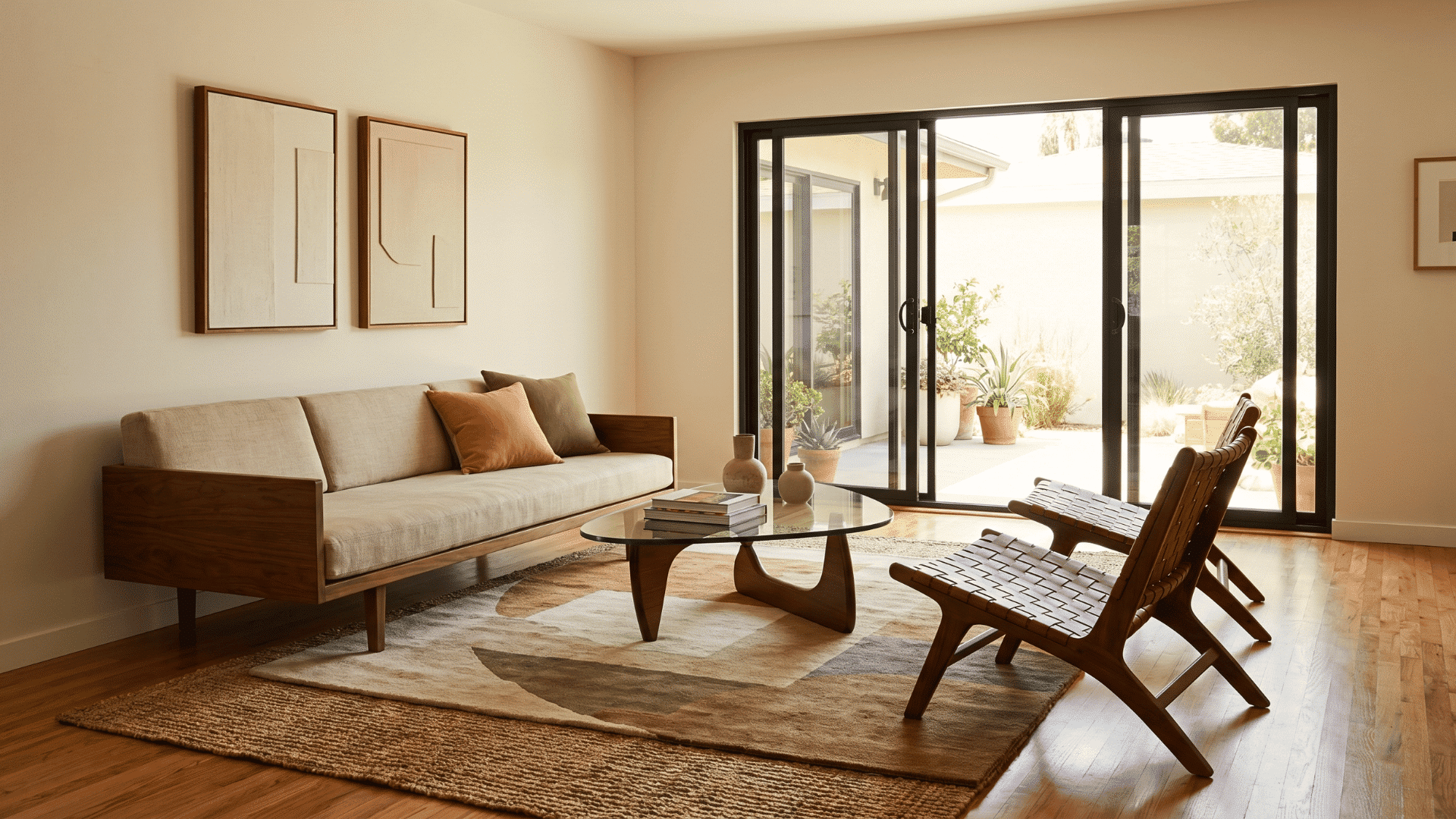 A modern, minimalist living room featuring a wooden sofa, a glass coffee table, and woven chairs facing a sliding glass patio door.