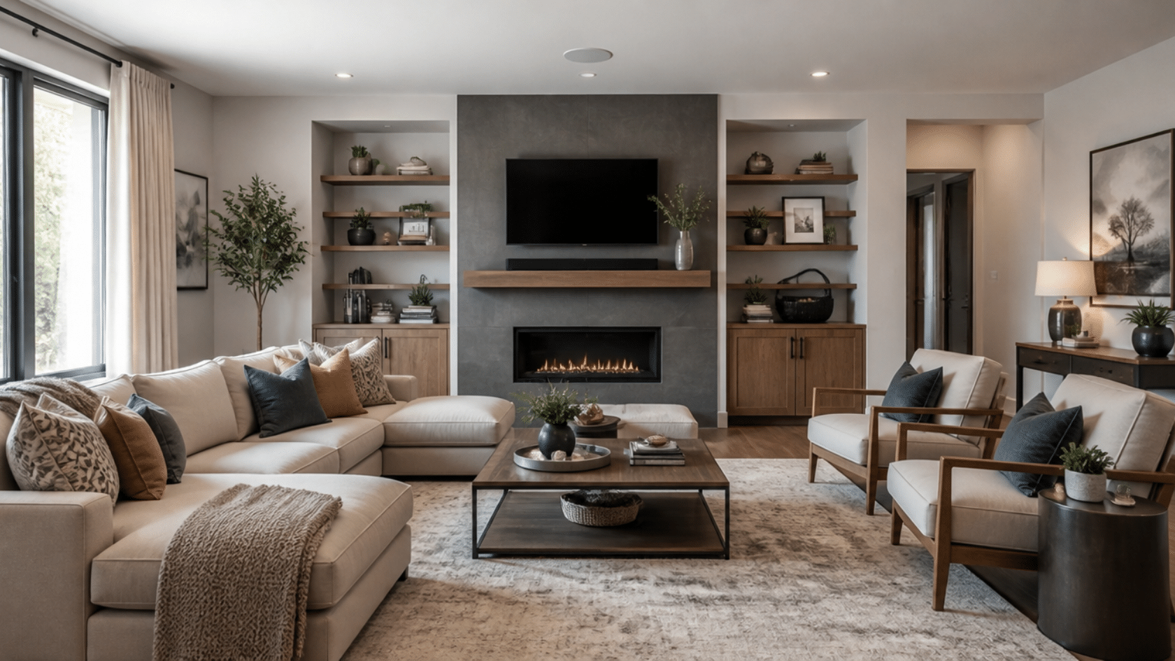Modern living room showing repetition in interior design through repeated colors and finishes across seating and décor