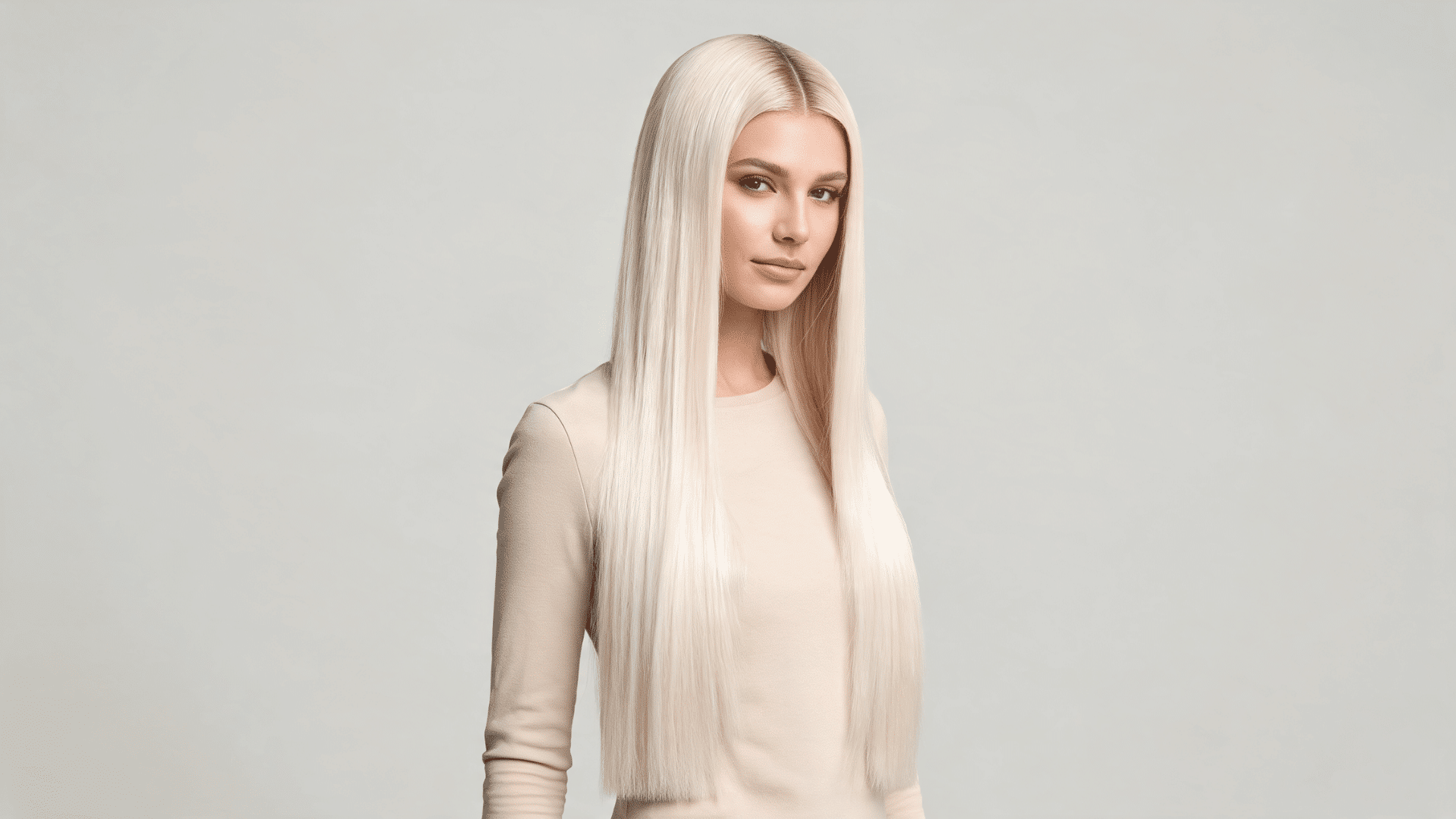 Woman with a waist-length straight sew-in hairstyle featuring sleek extensions and a middle part.