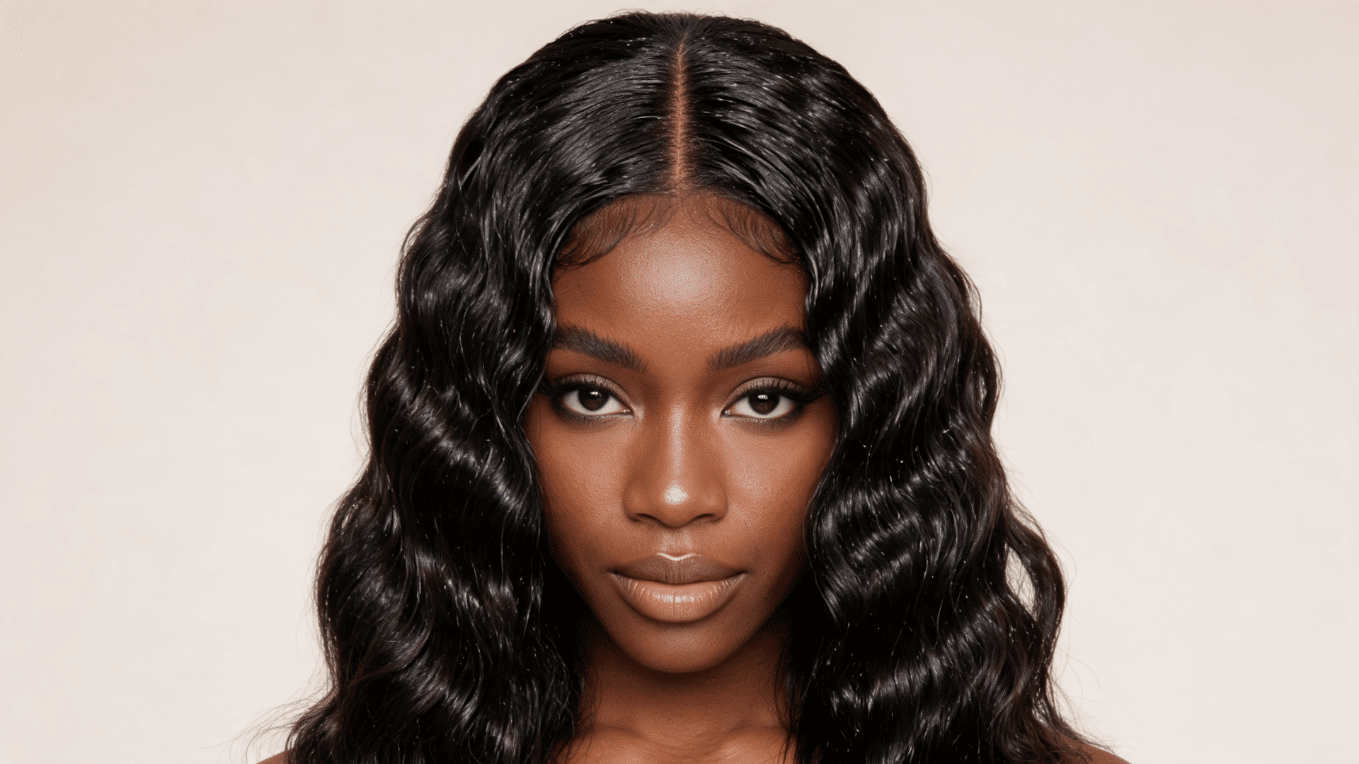Woman wearing a middle-part water wave sew-in with soft flowing waves