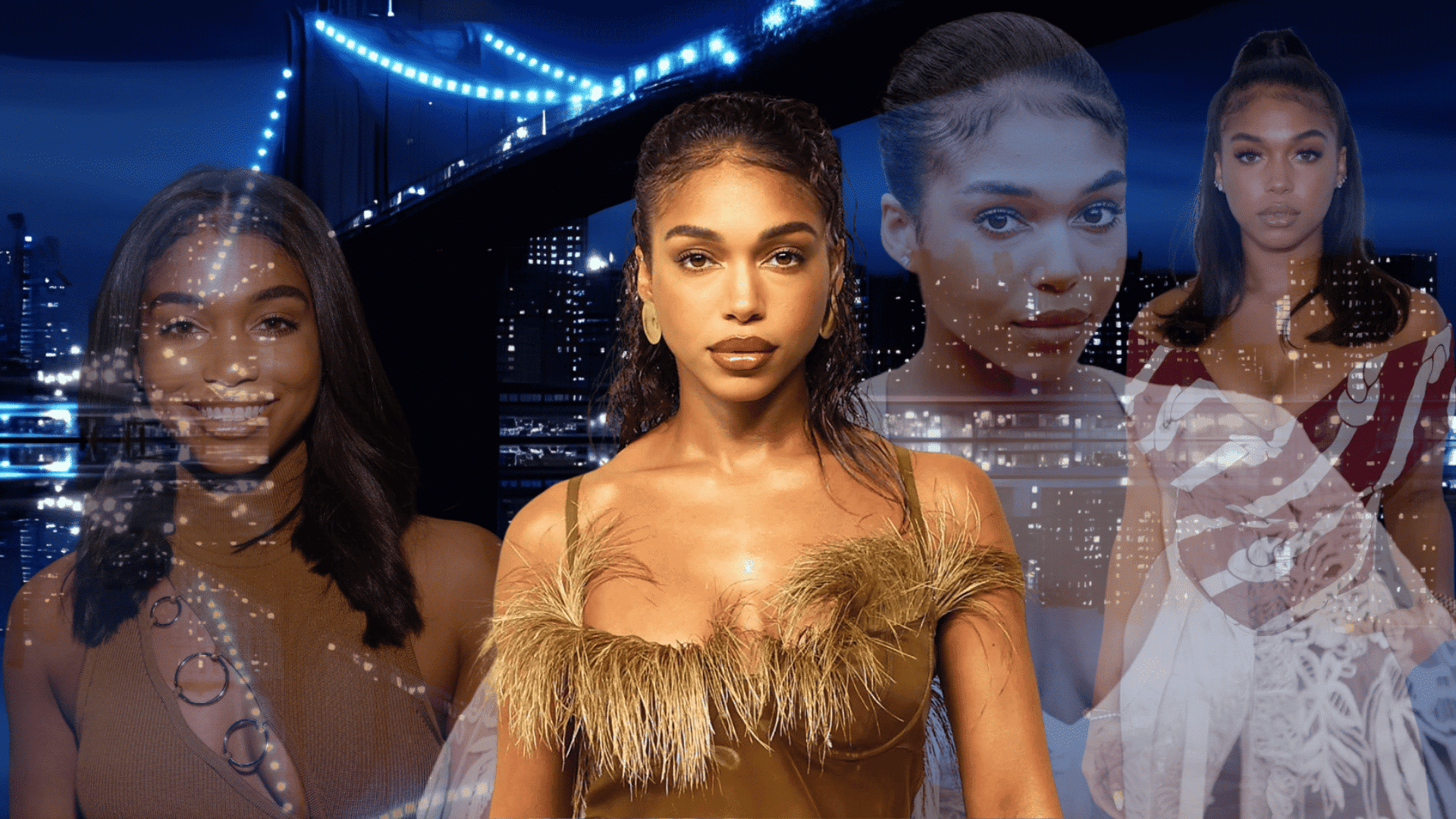 Four people in front of a city bridge background, with some figures appearing as transparent overlays.