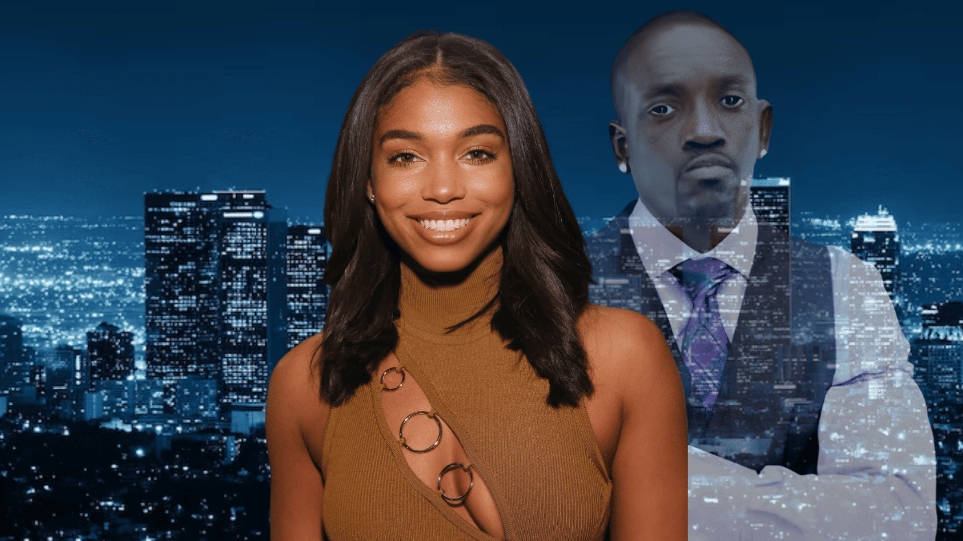 Two people in front of a city skyline background, with one person appearing as a transparent overlay.