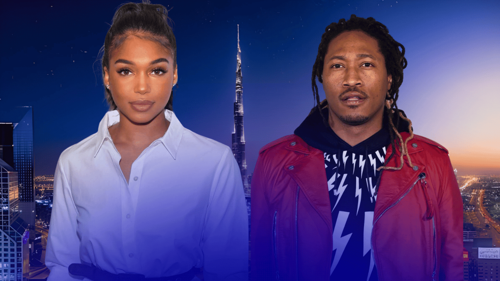 Two people standing in front of a city skyline background at night.