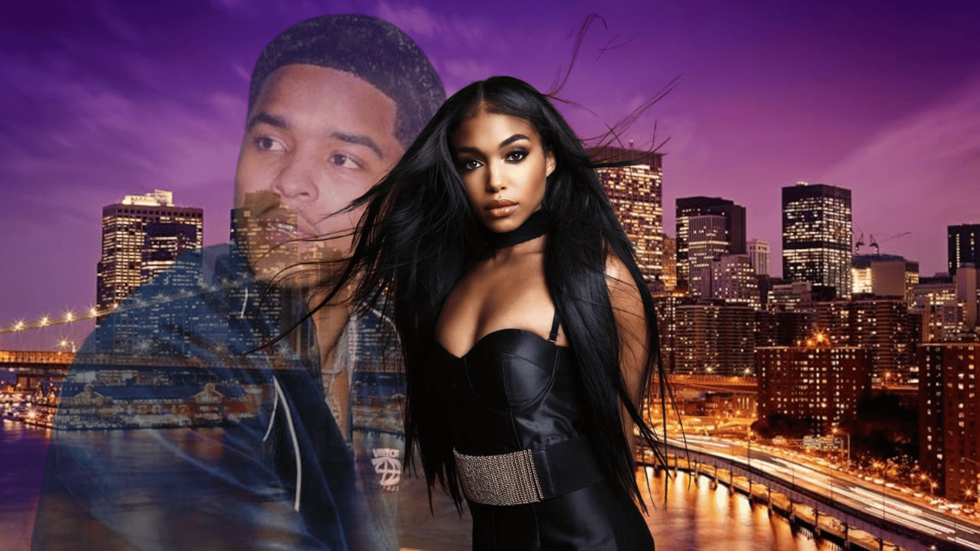 Two people in front of a city skyline background with one person appearing as a transparent overlay.