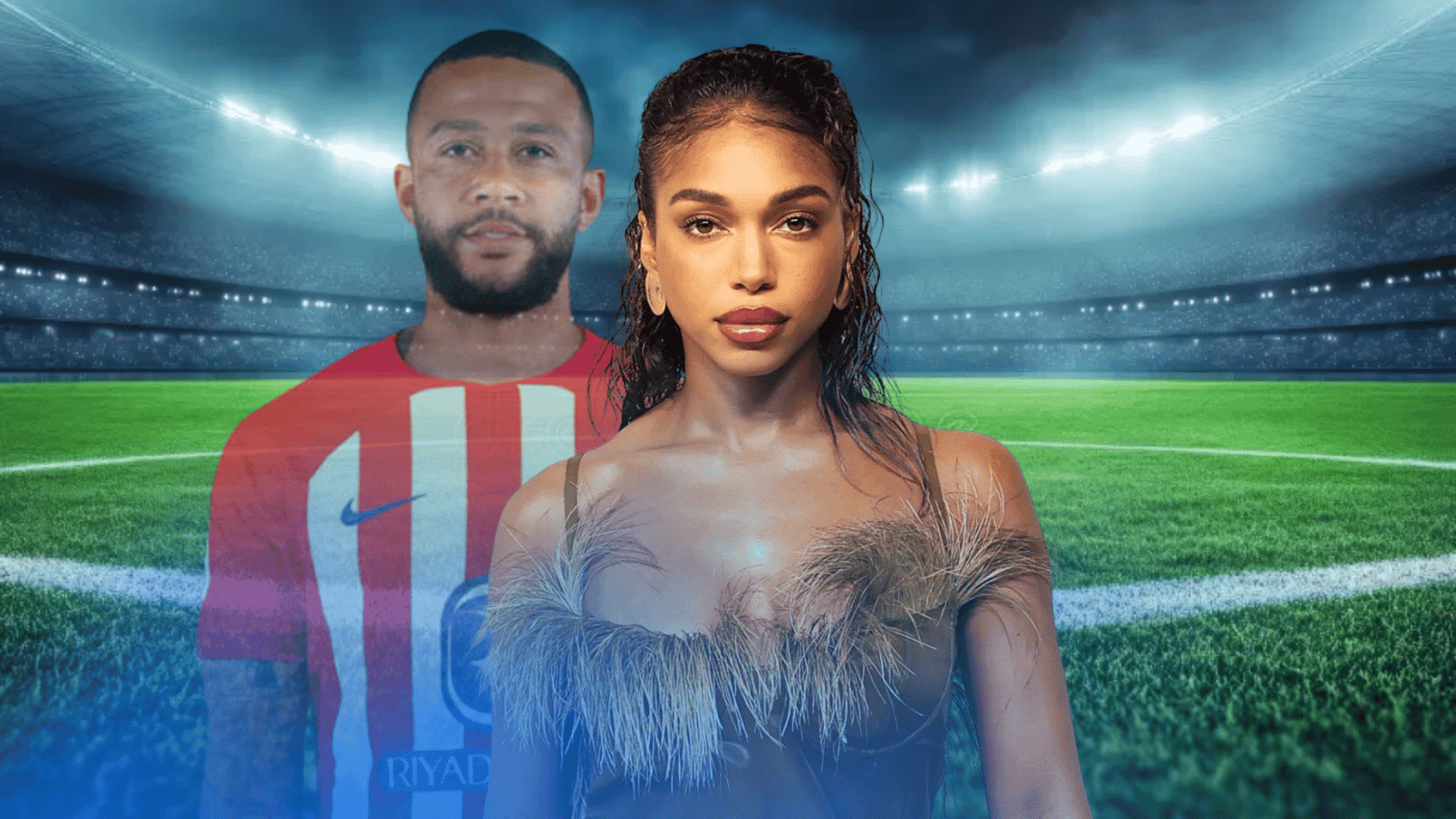 Two people standing in front of a football stadium field background with a player wearing a red jersey in the back.