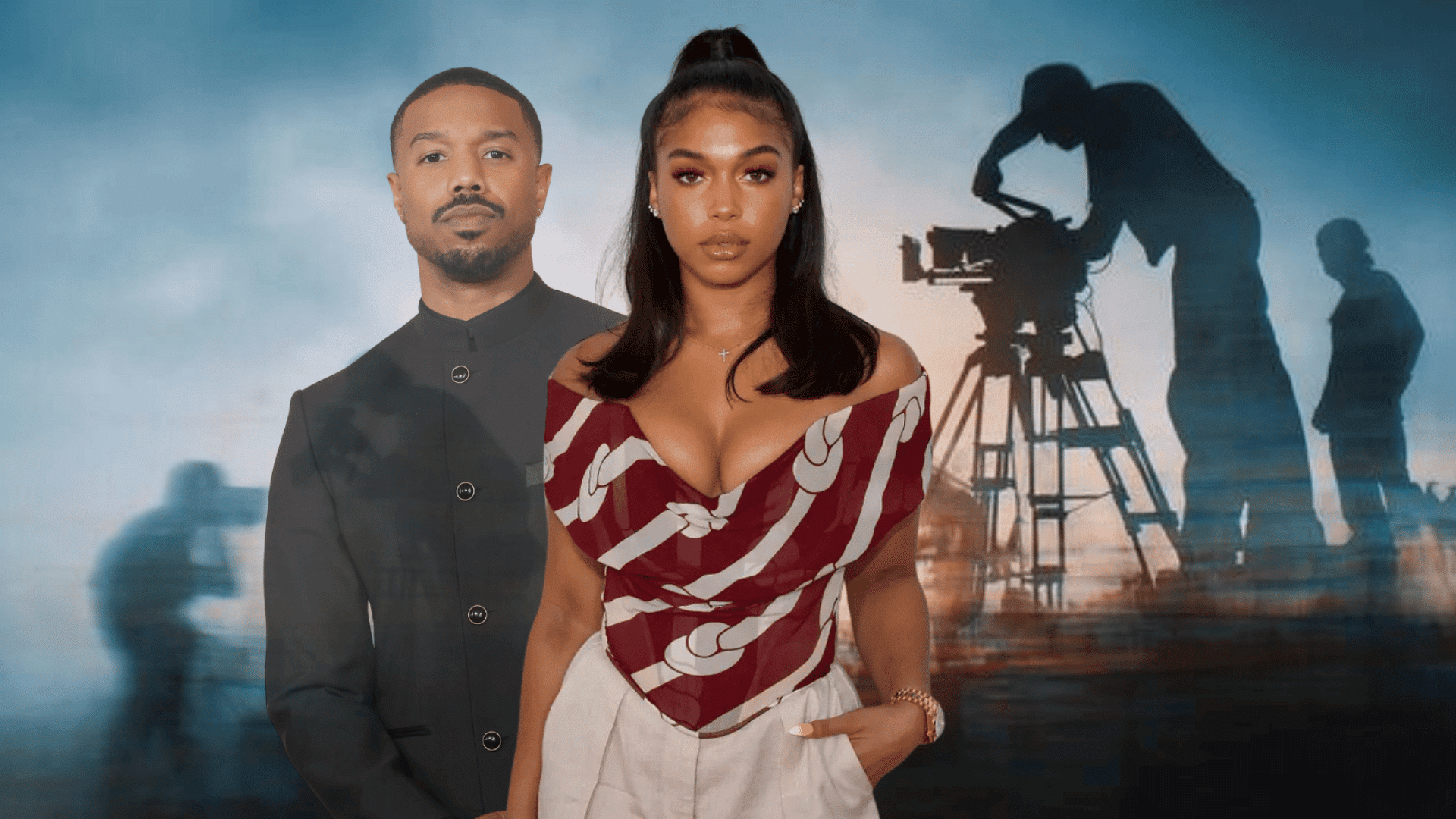 Two people standing in front of a background with a camera silhouette, a woman in a patterned top and a man in black clothing.