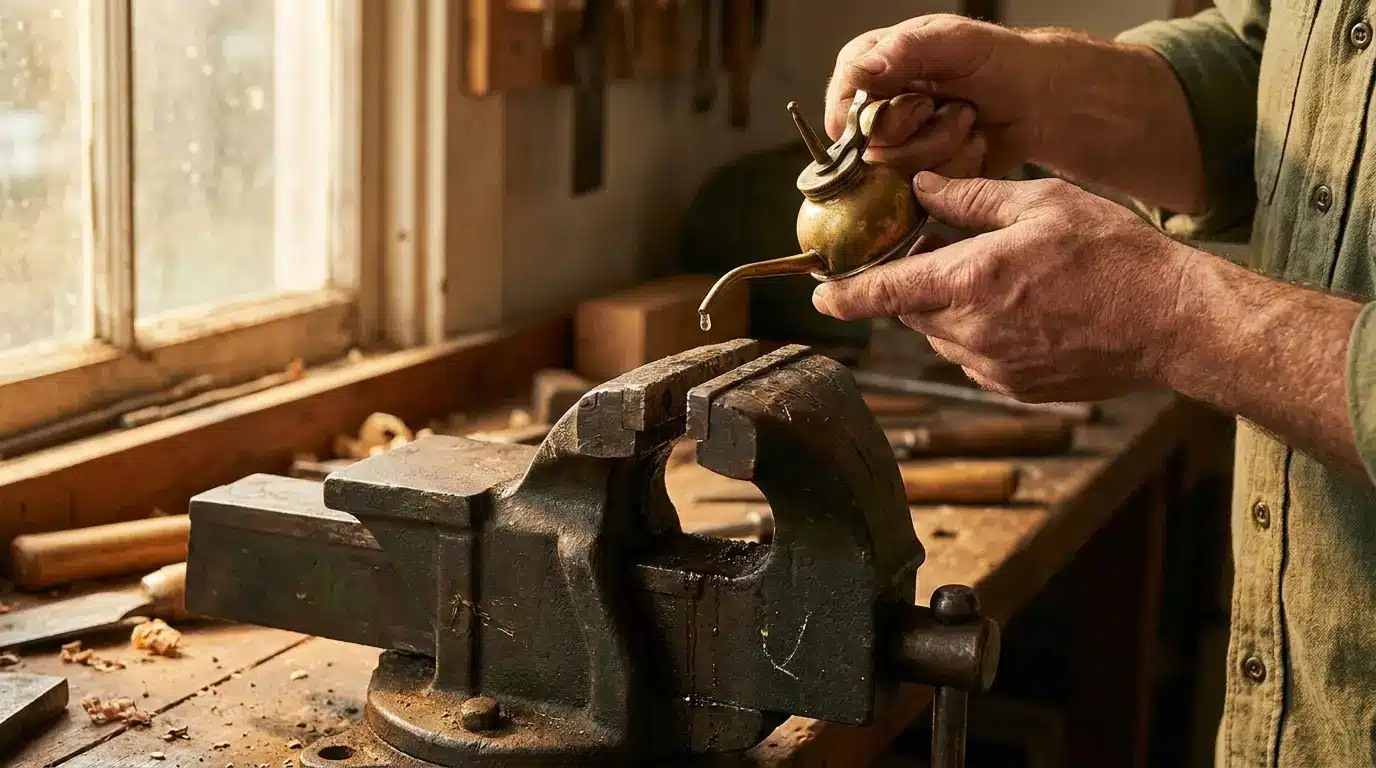 Hands oiling a metal vise on a wooden workbench in a sunlit workshop