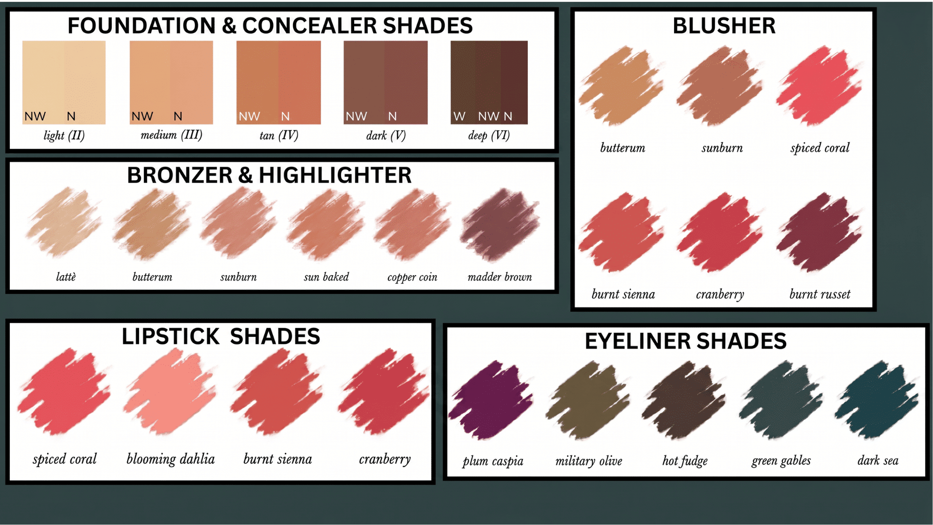 Makeup shade swatches showing foundation, concealer, bronzer, blusher, lipstick, and eyeliner in warm earth tones for diverse skin tones.