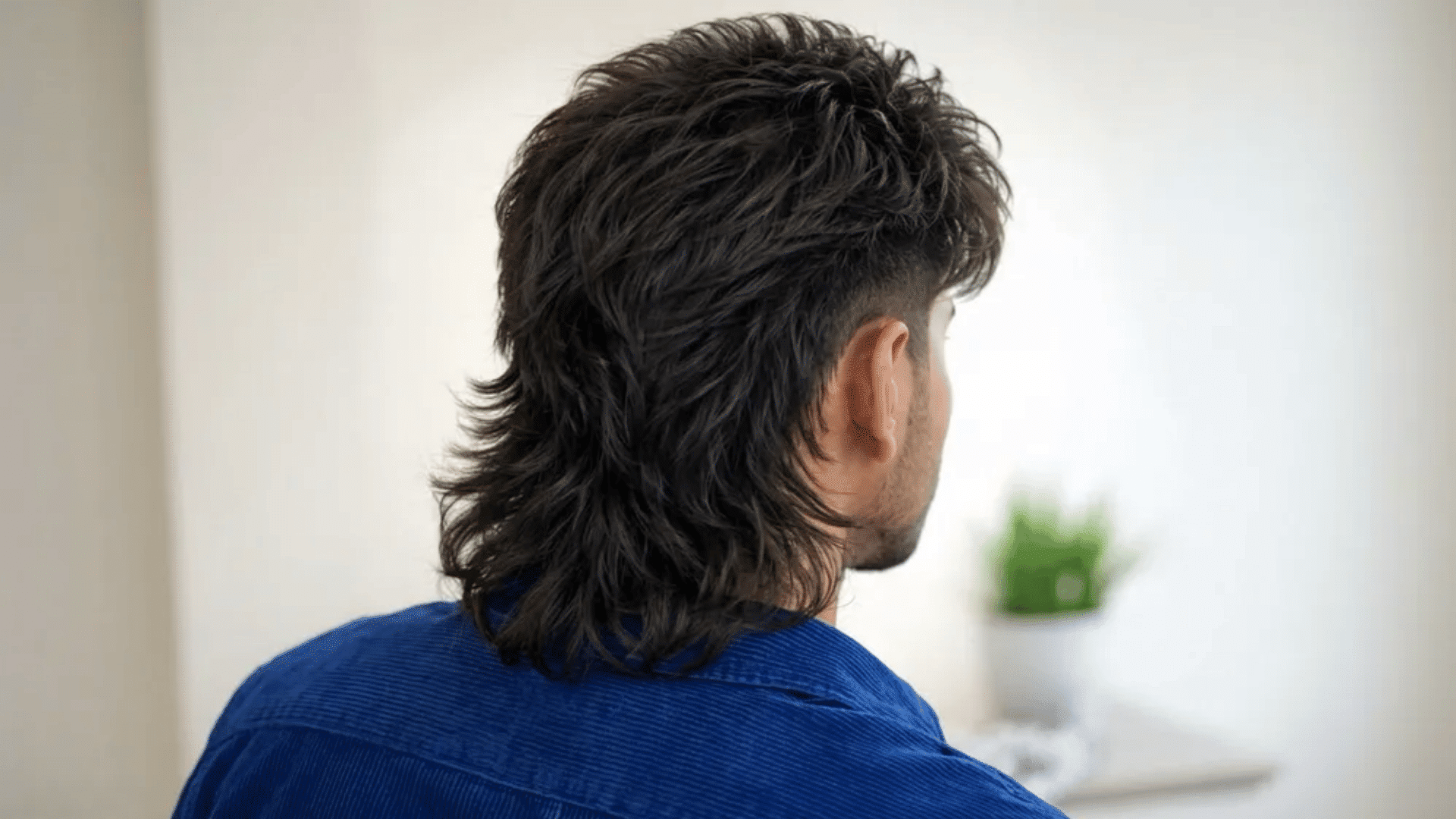 Man seen from behind with short mullet haircut, showing layered textured back, tapered sides, and longer rear section in a bright indoor setting.