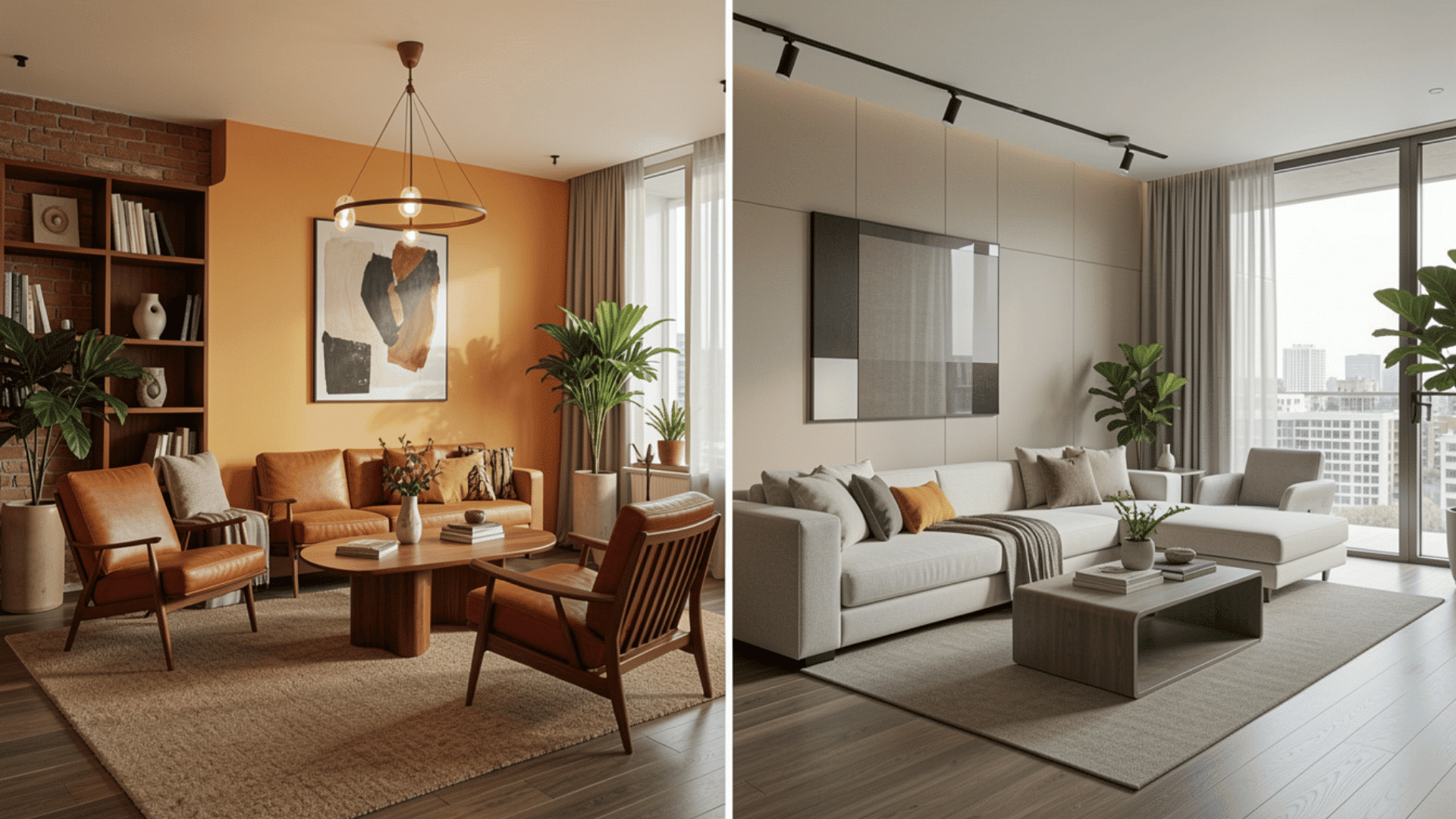 Side-by-side comparison of mid-century modern and contemporary interior design styles