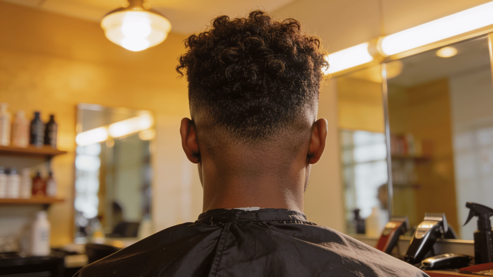 Back view of man with mid fade haircut and tight curls on top in barbershop chair