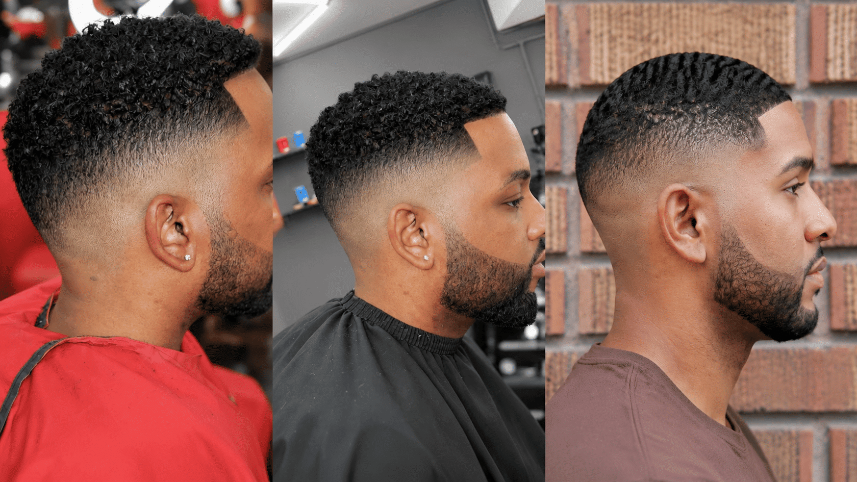 Three side-profile shots of a man with a fresh fade haircut and beard in a barber collage