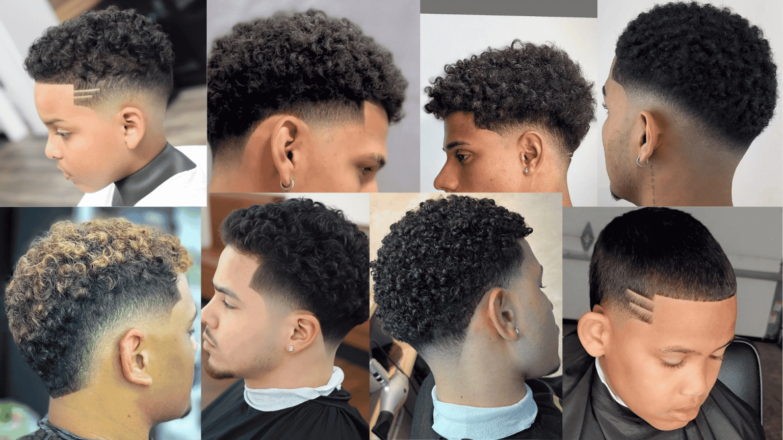Mixed boys haircuts collage showing curly tops with low, mid, and high fades, taper cuts, and sharp lineup variations on different boys in side profile views