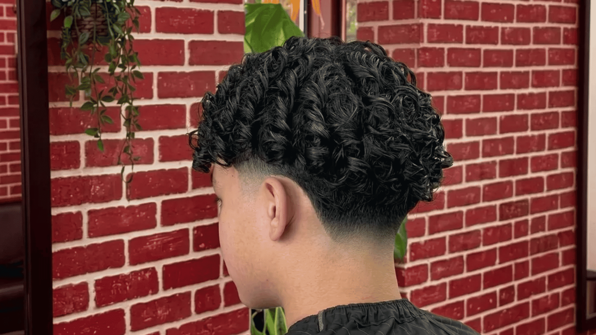 mixed boys haircuts curly top with mid fade back view tight curls and clean taper against red brick wall