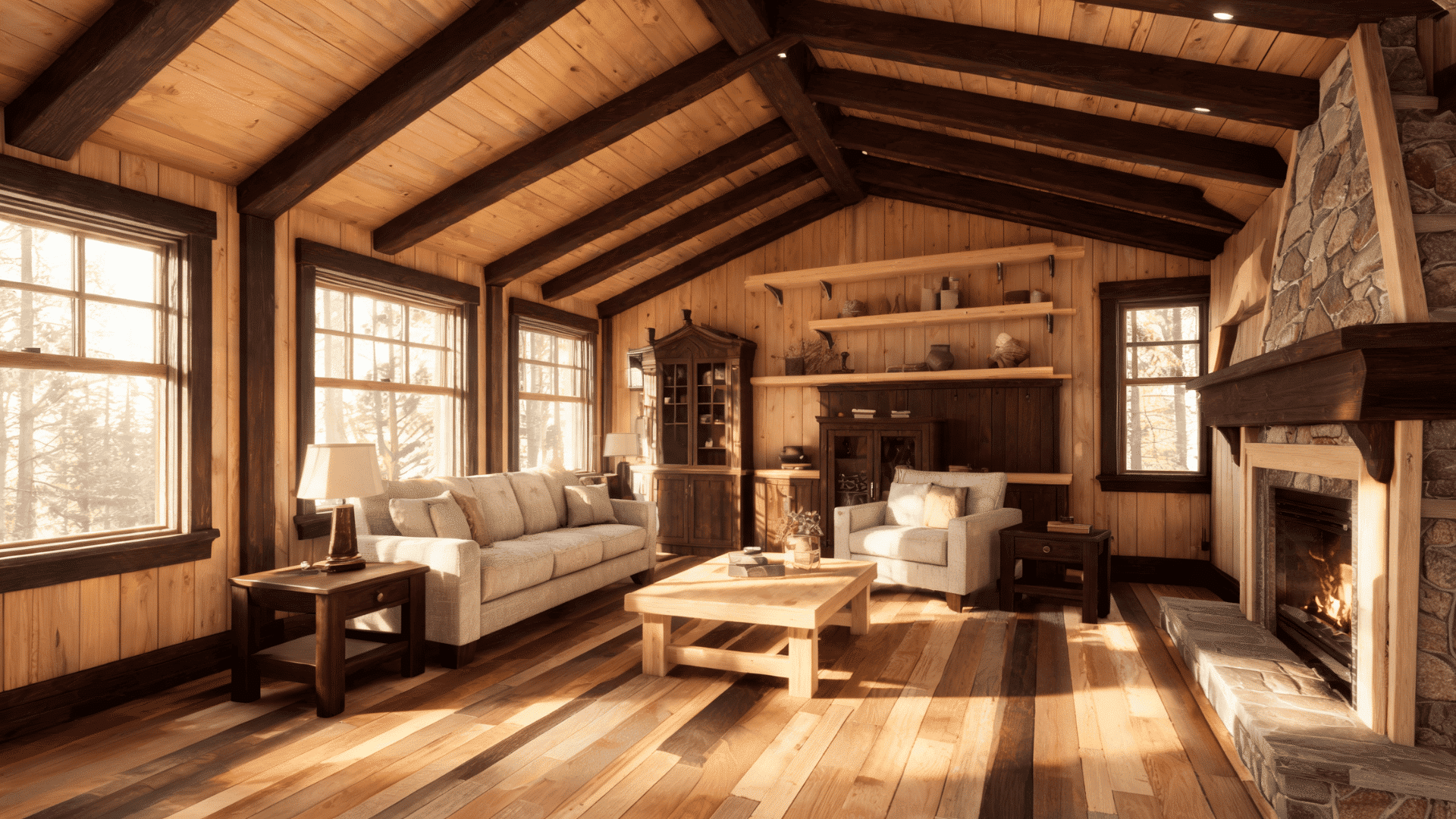 Cabin interior showing light and dark wood surfaces