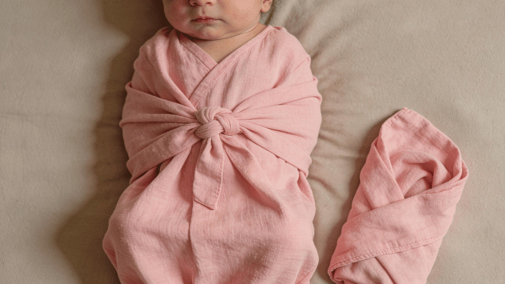 Baby in a knotted gown with a swaddle placed beside them in a simple indoor setup