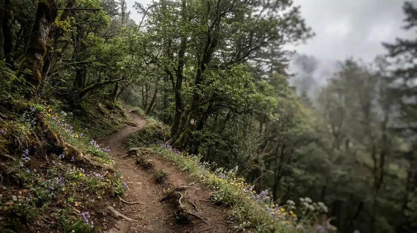 Narrow dirt path winding through lush green forest with wildflowers lining the edge