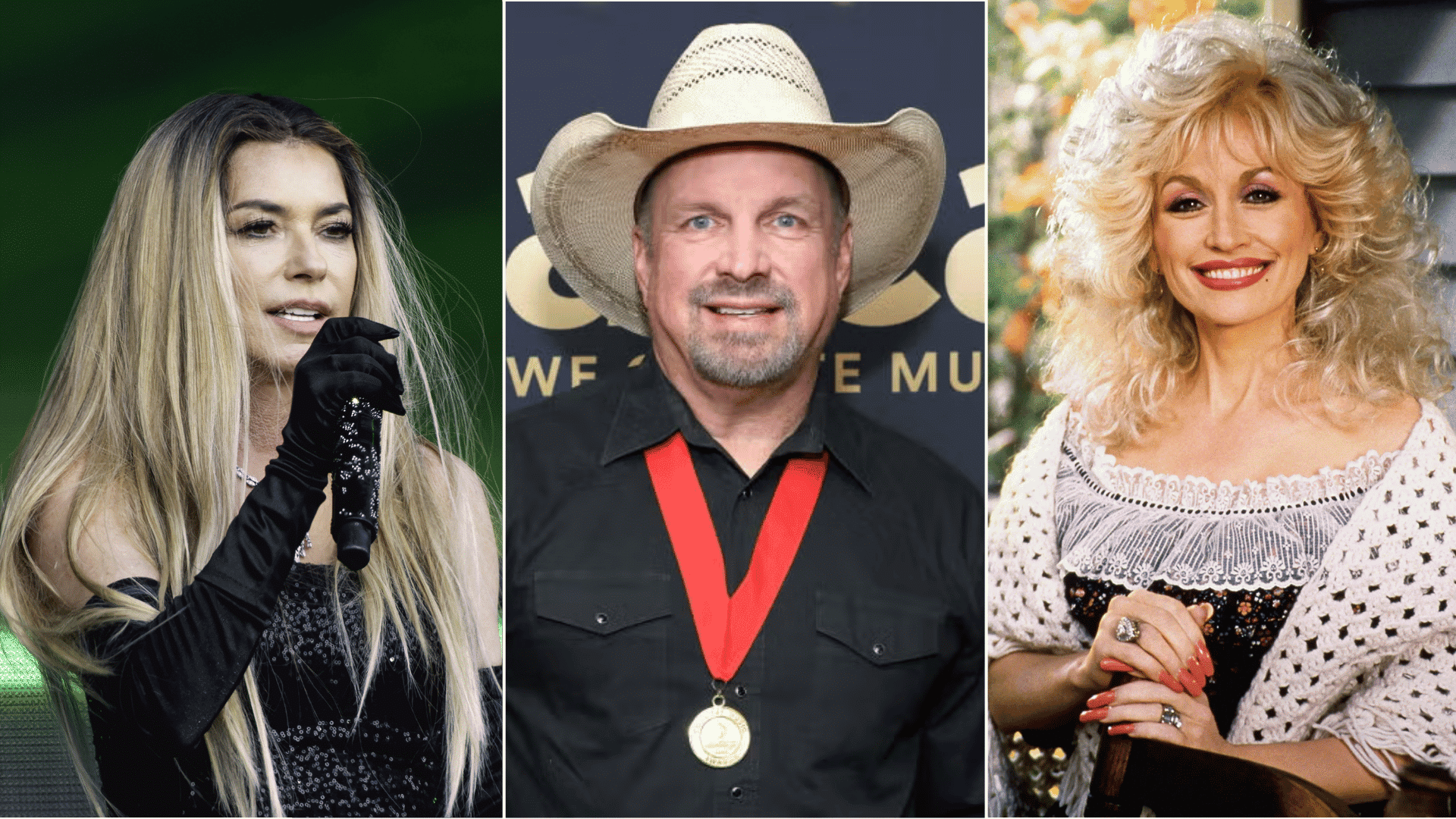 Shania Twain, Garth Brooks, and Dolly Parton side by side, comparing country music icons' net worth