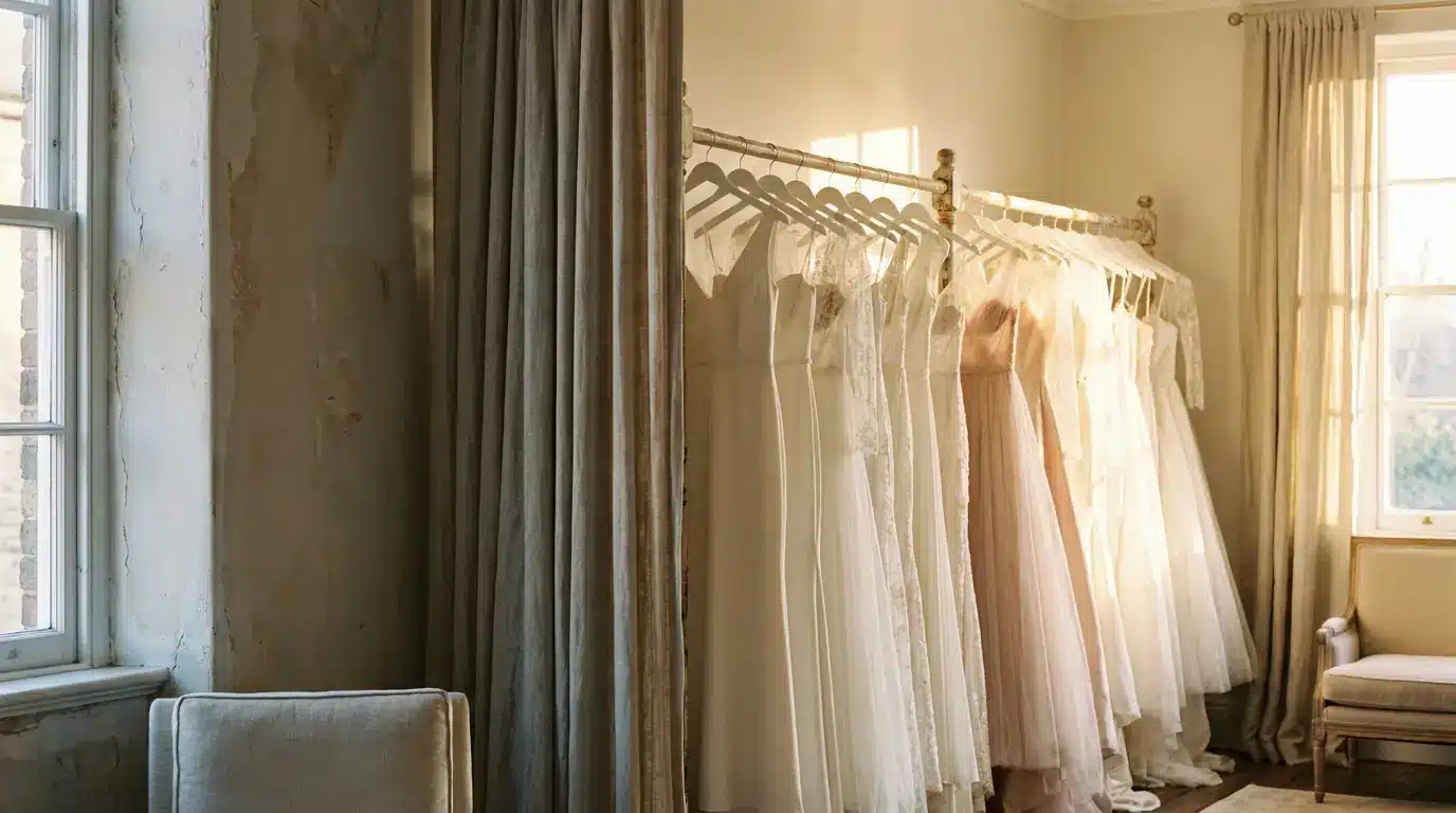 Bridal gowns hanging on wooden rack in sunlit room with draped curtains