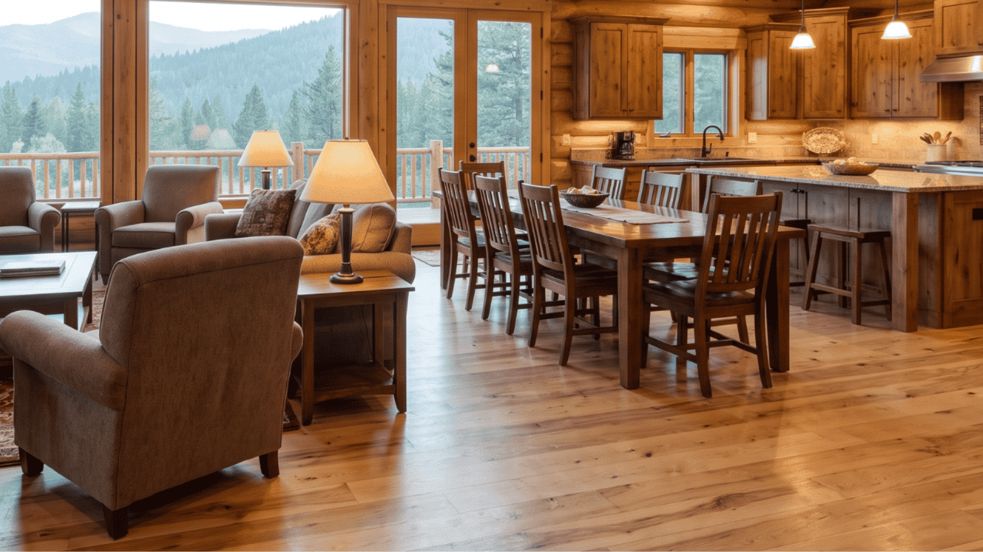 Open cabin interior showing connected living and dining areas