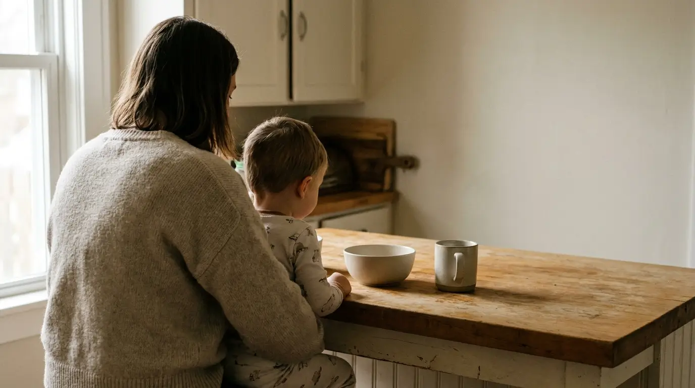 Woman and child sitting together at wooden table with bowl and mug nearby in cozy kitchen