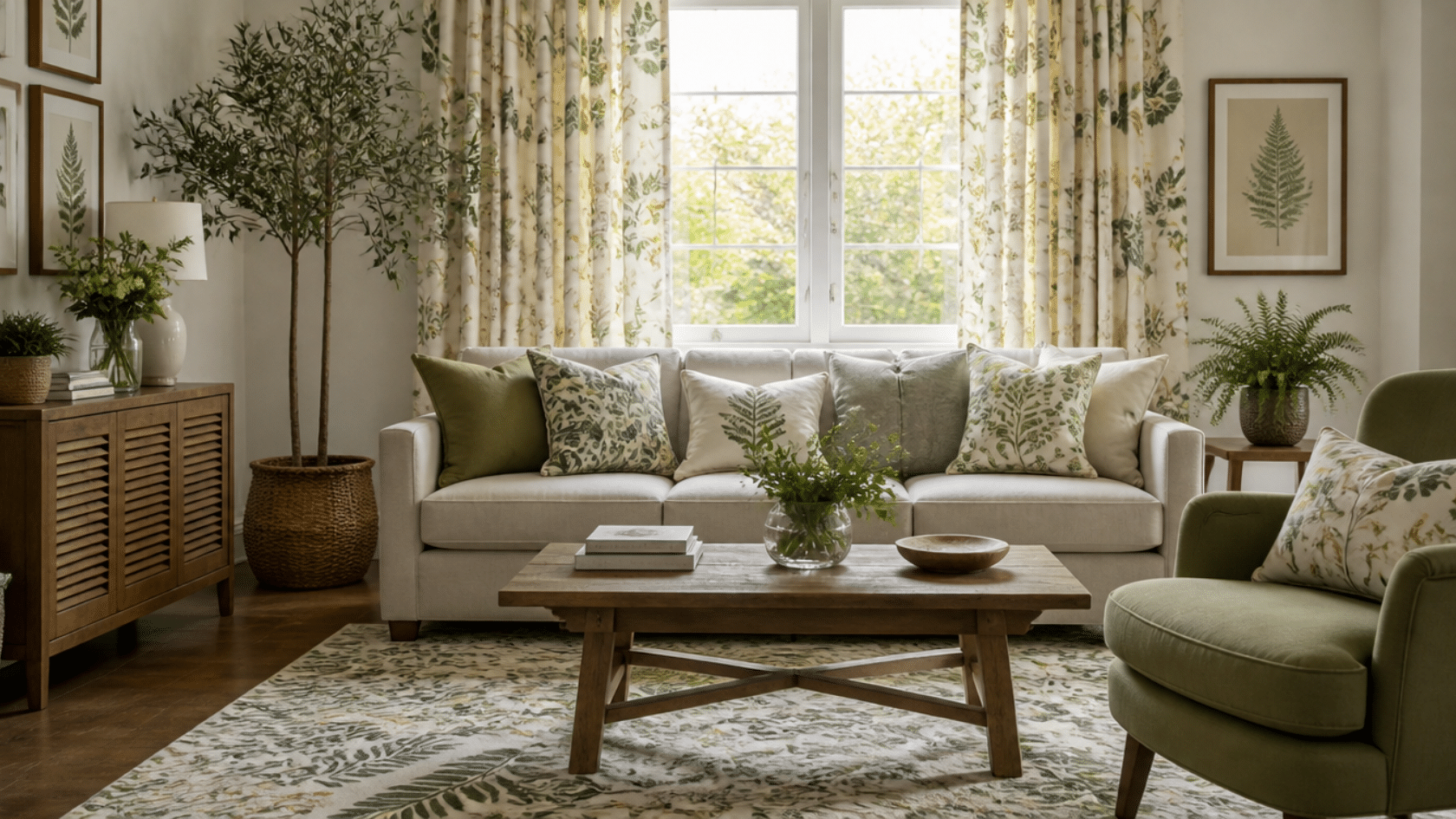 Repition in interior through botanical curtains, patterned rug, sofa and wooden coffee table