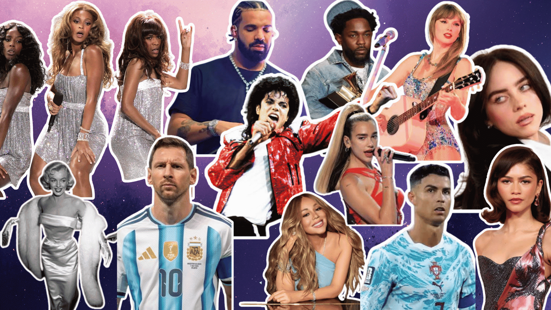 Collage of famous singers, athletes, and celebrities representing what is pop culture today