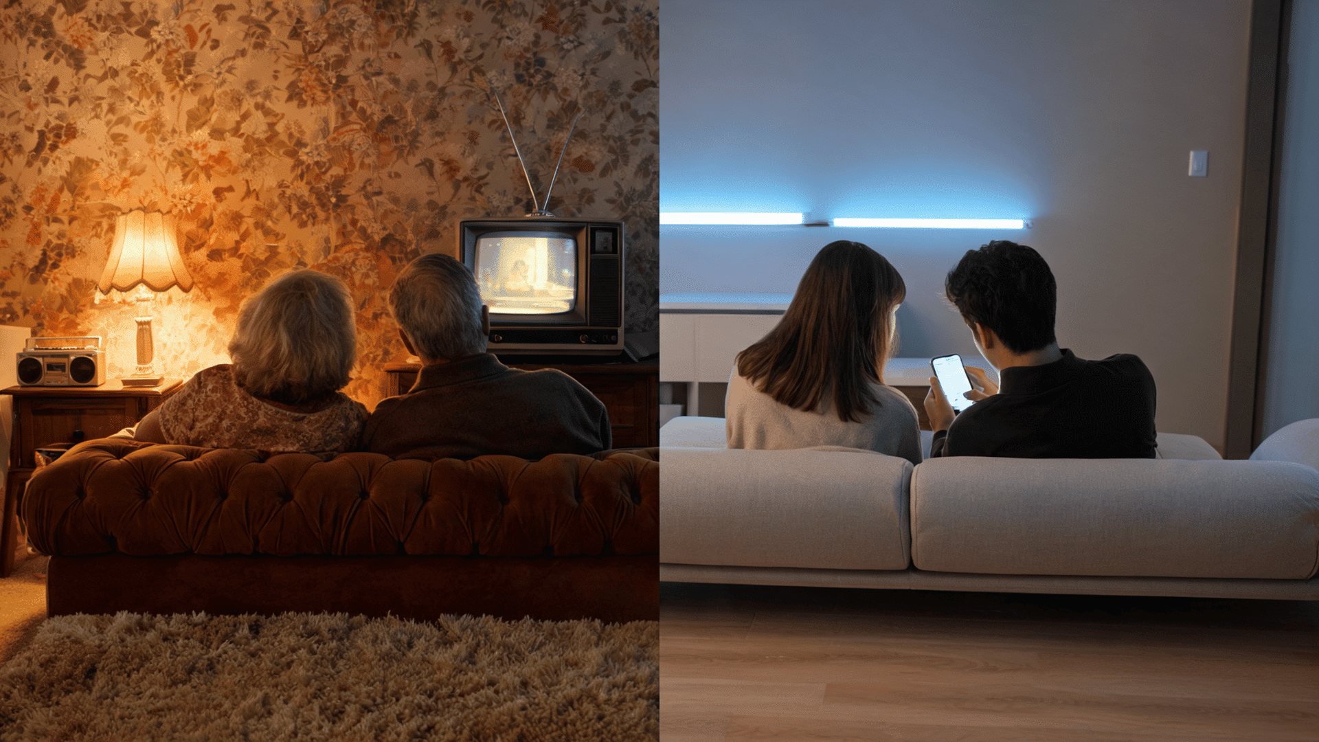 Side-by-side contrast of an elderly couple watching an old TV and a young couple on a smartphone.