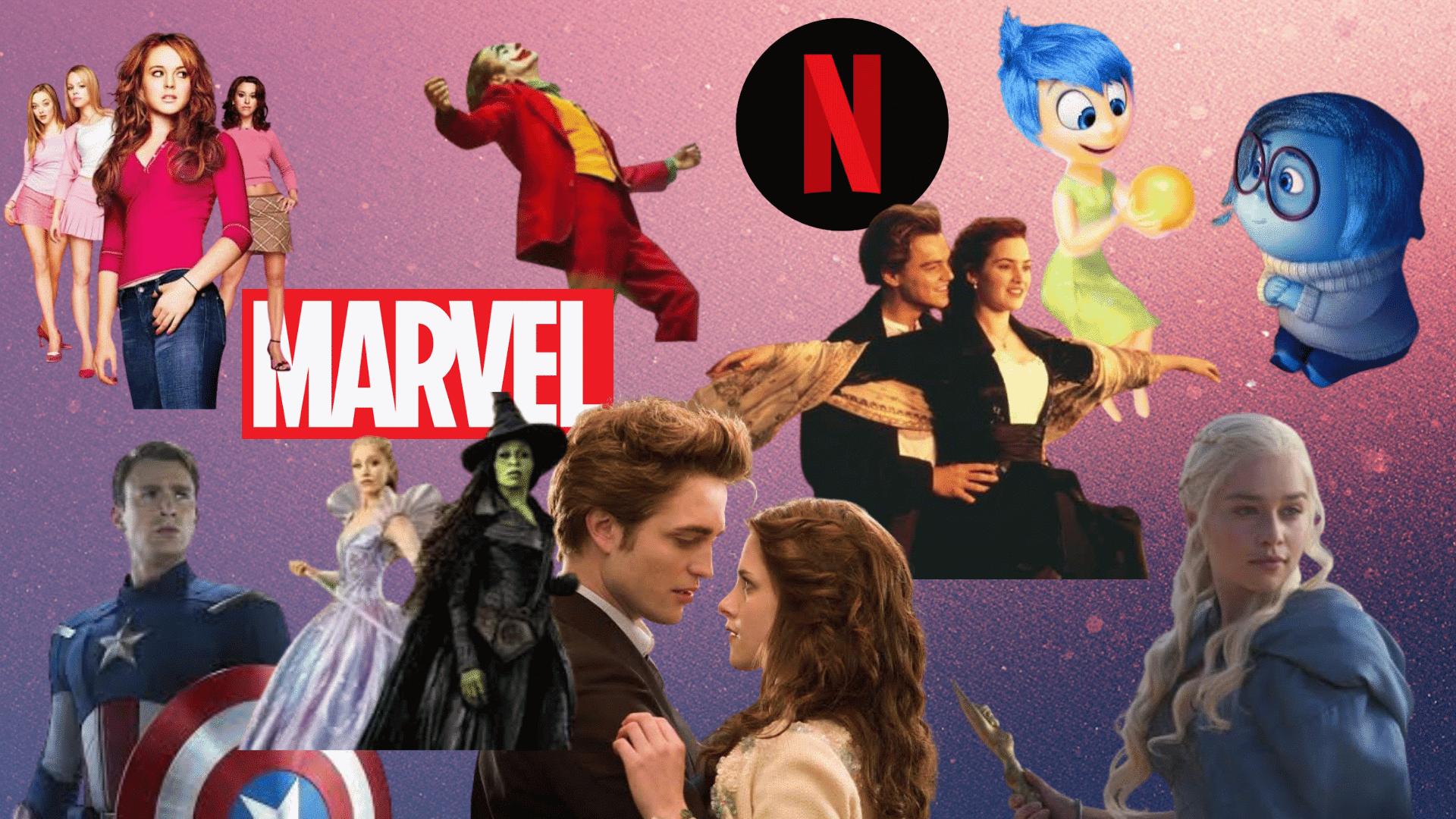Collage of famous movie and TV characters with Marvel and Netflix logos on a pink background