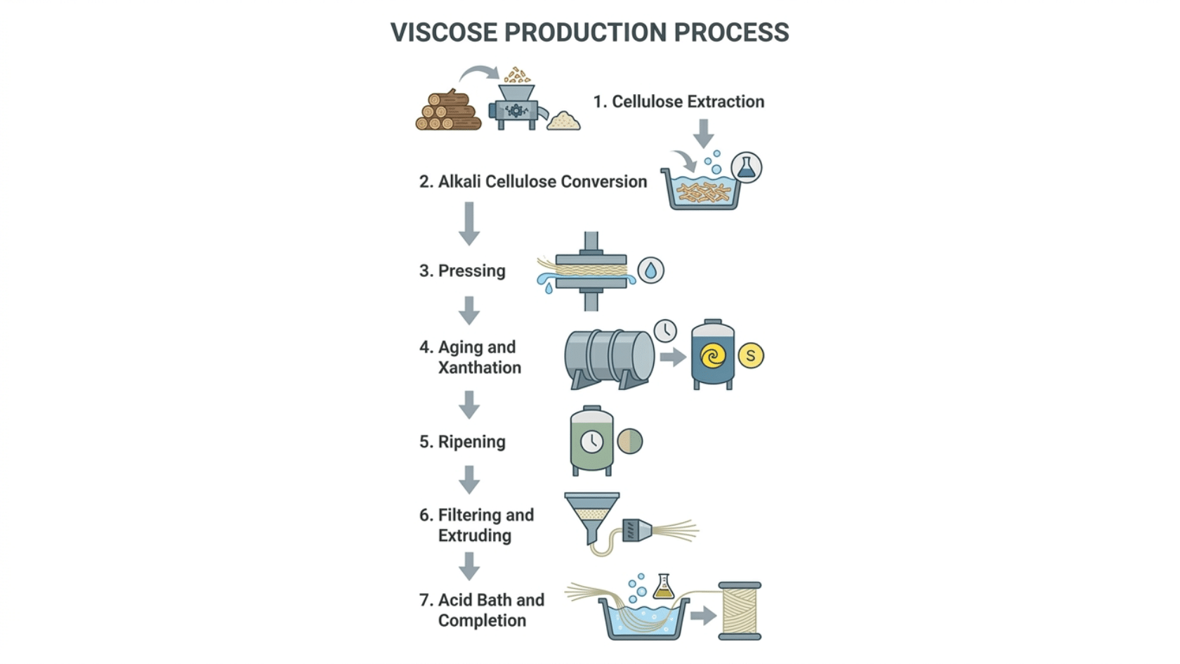 Vertical infographic showing 7 numbered steps of viscose fabric production from cellulose extraction to acid bath completion with icons and labels.