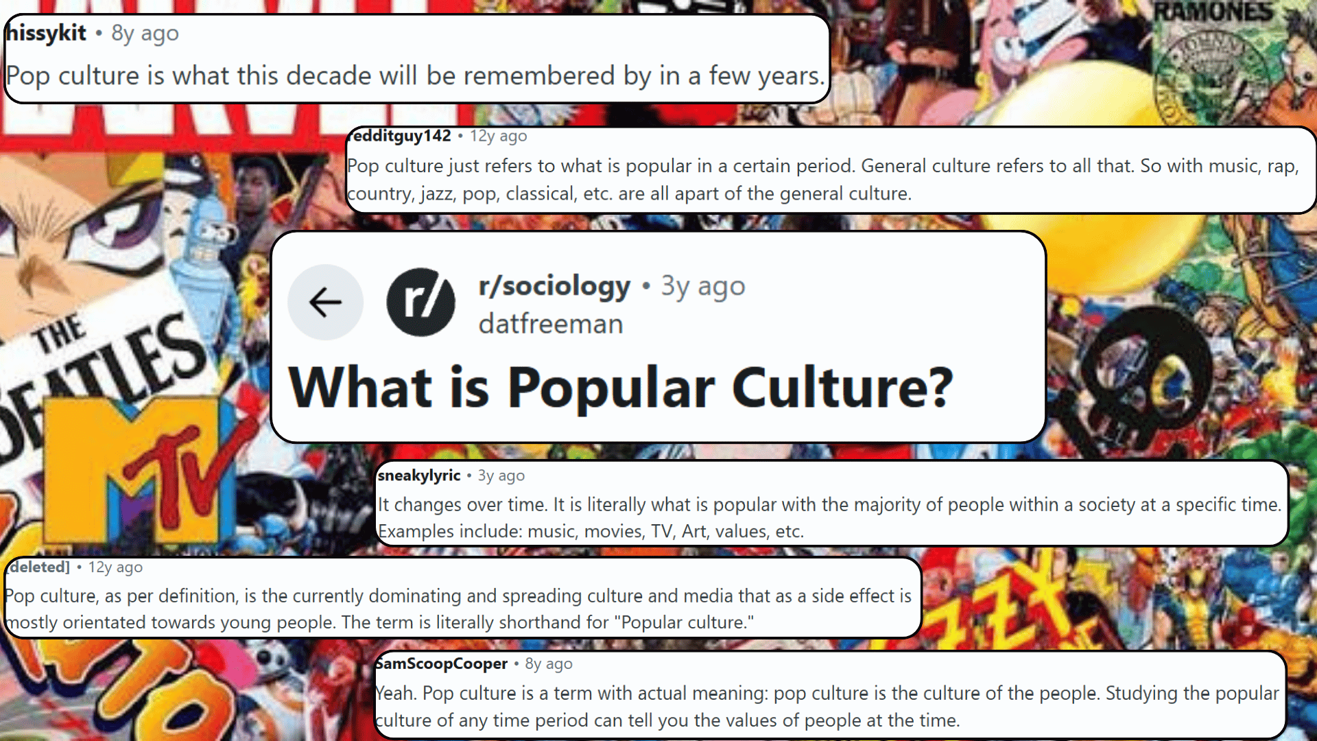 A collage of Reddit comments defining popular culture overlaid on a pop culture background.