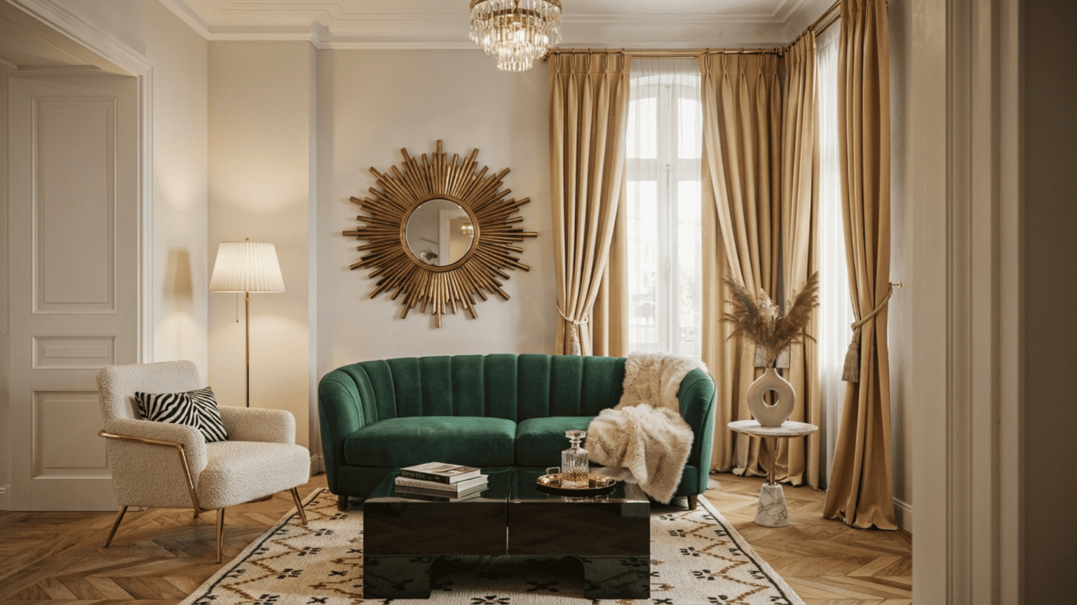 Hollywood Regency style living room with emerald velvet sofa, lacquer table, and gold accents.