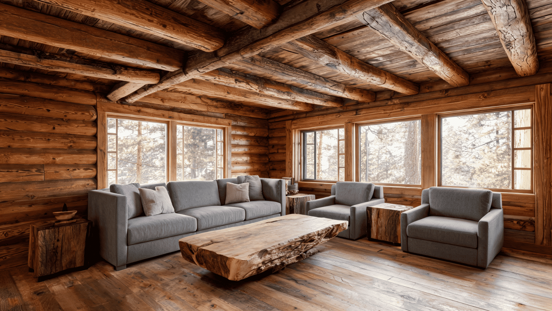 Modern sofa with rustic wood furniture in cabin living room