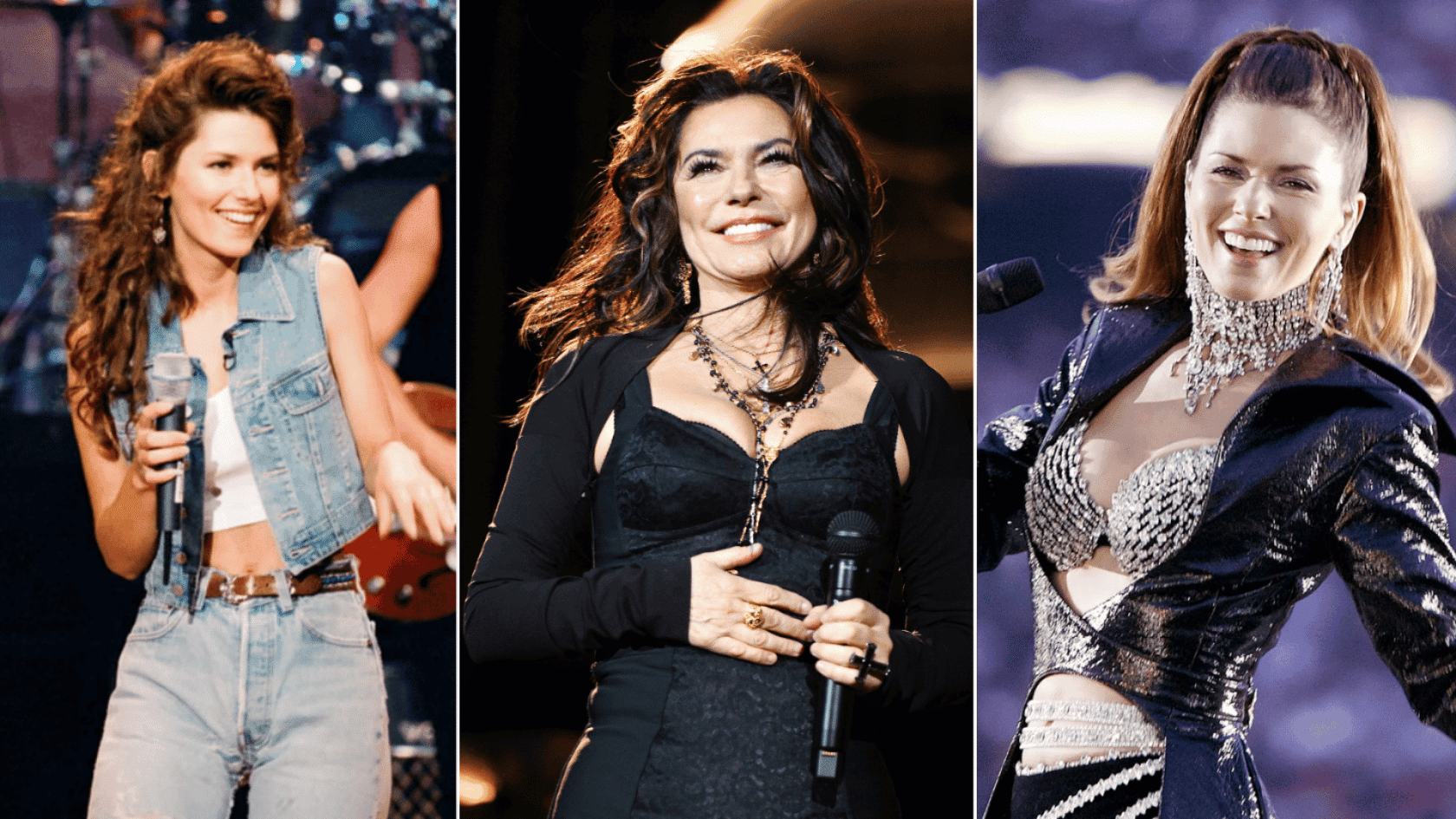 Shania Twain performing on stage across different eras of her music career