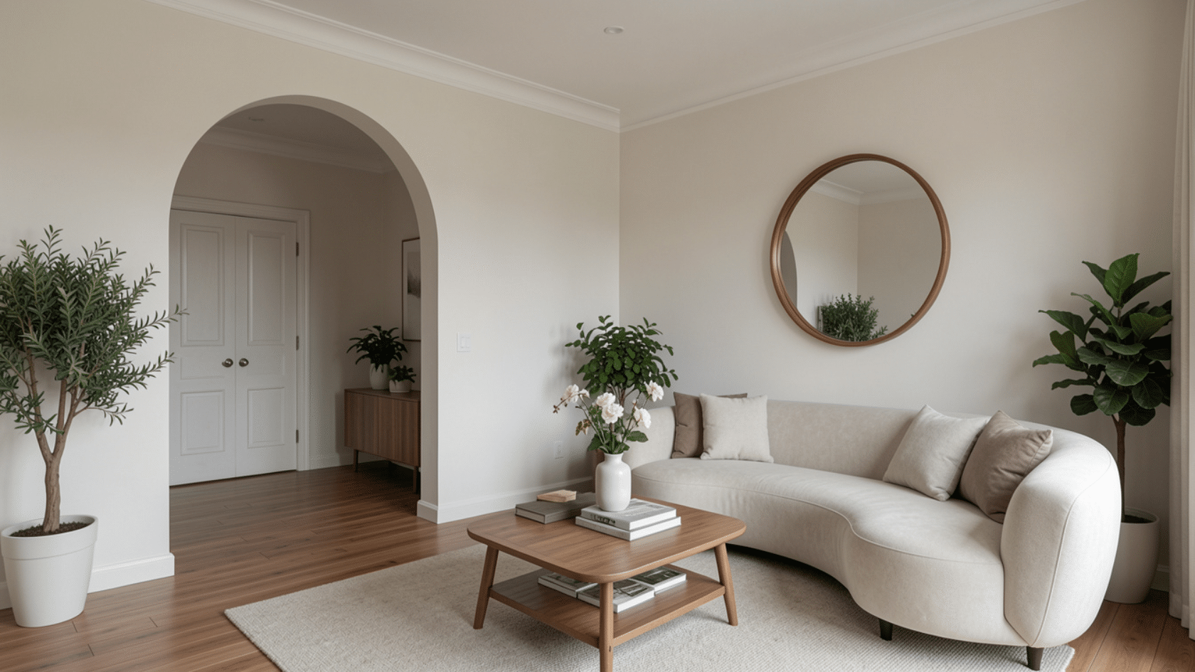 Modern living room showing repetition in interior design through repeated neutral tones, shapes, and materials for visual flow