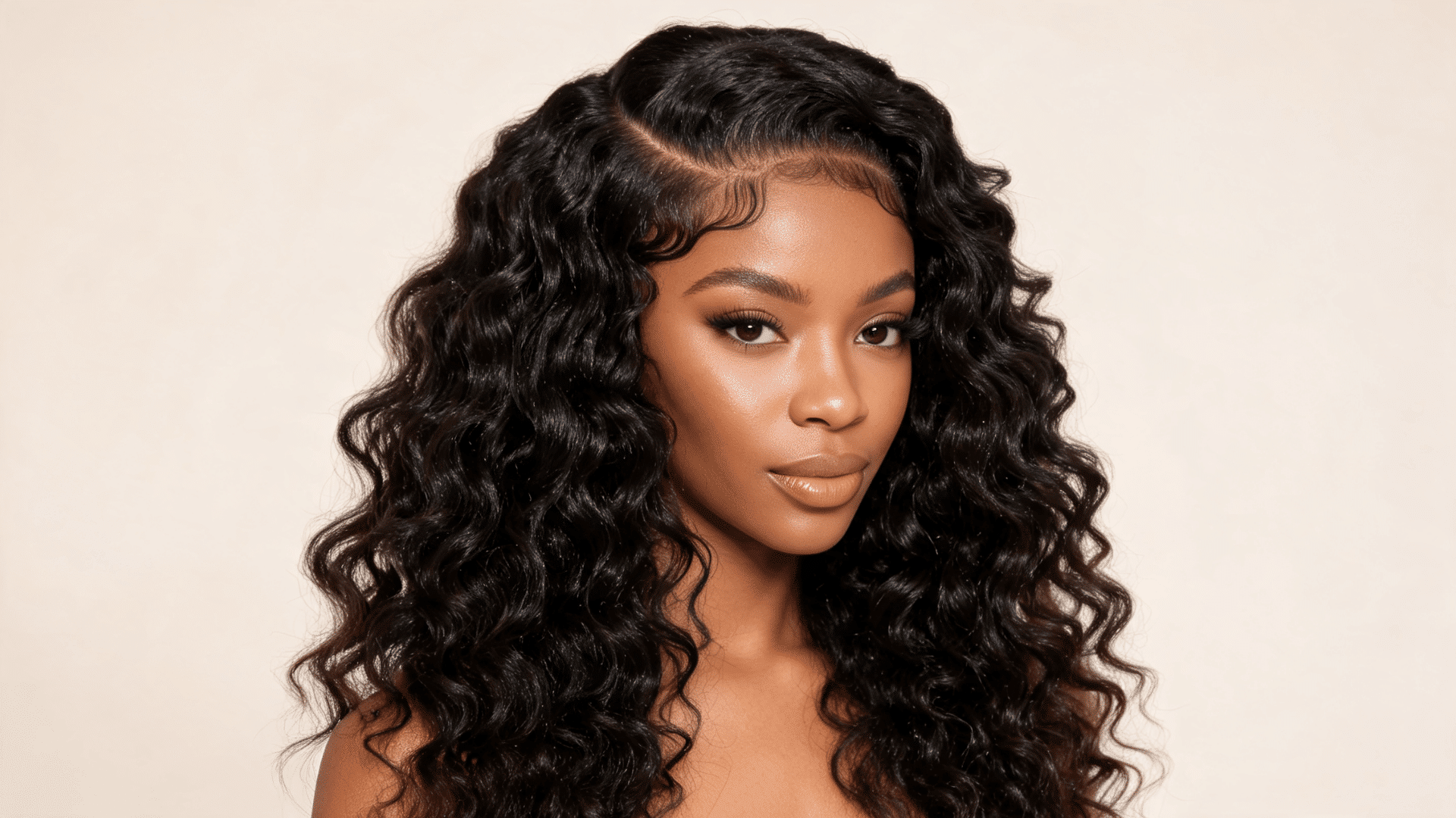 Woman wearing a voluminous wand curl sew-in with large defined curls and full body