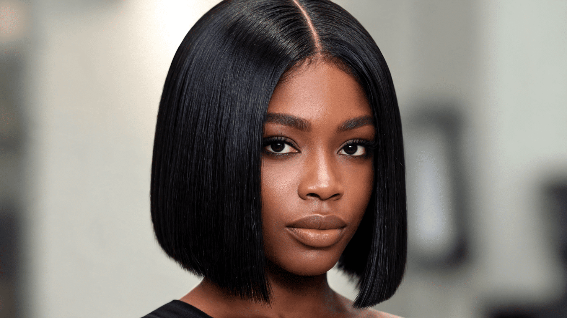 Woman wearing a sleek, straight blunt bob sew-in with a middle part and evenly cut ends