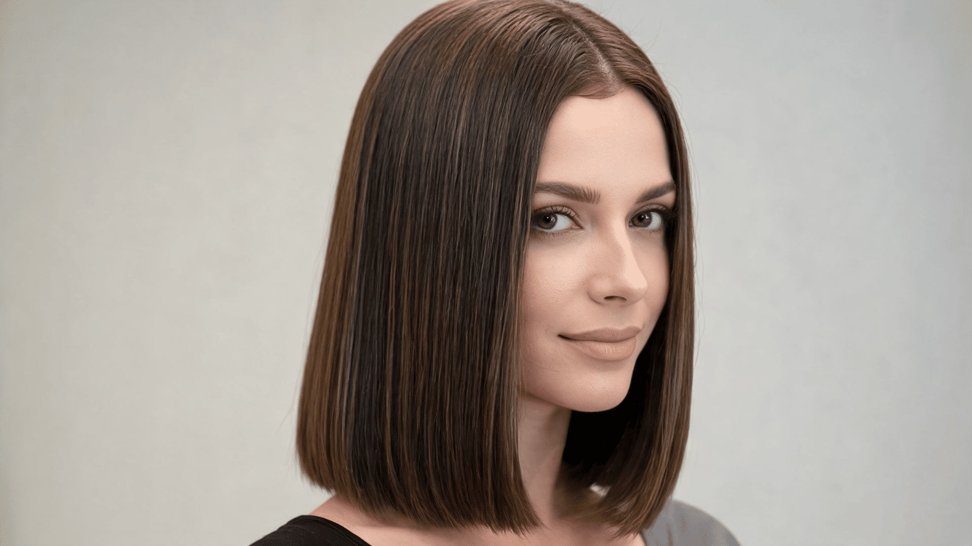 Woman with a sleek shoulder-length sew-in hairstyle featuring smooth straight hair and a polished finish.