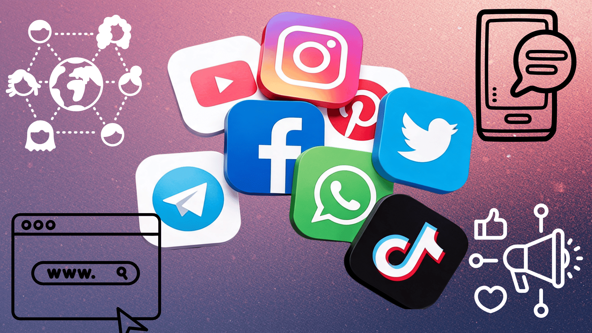 A cluster of popular social media app icons on a colorful, sparkling purple background
