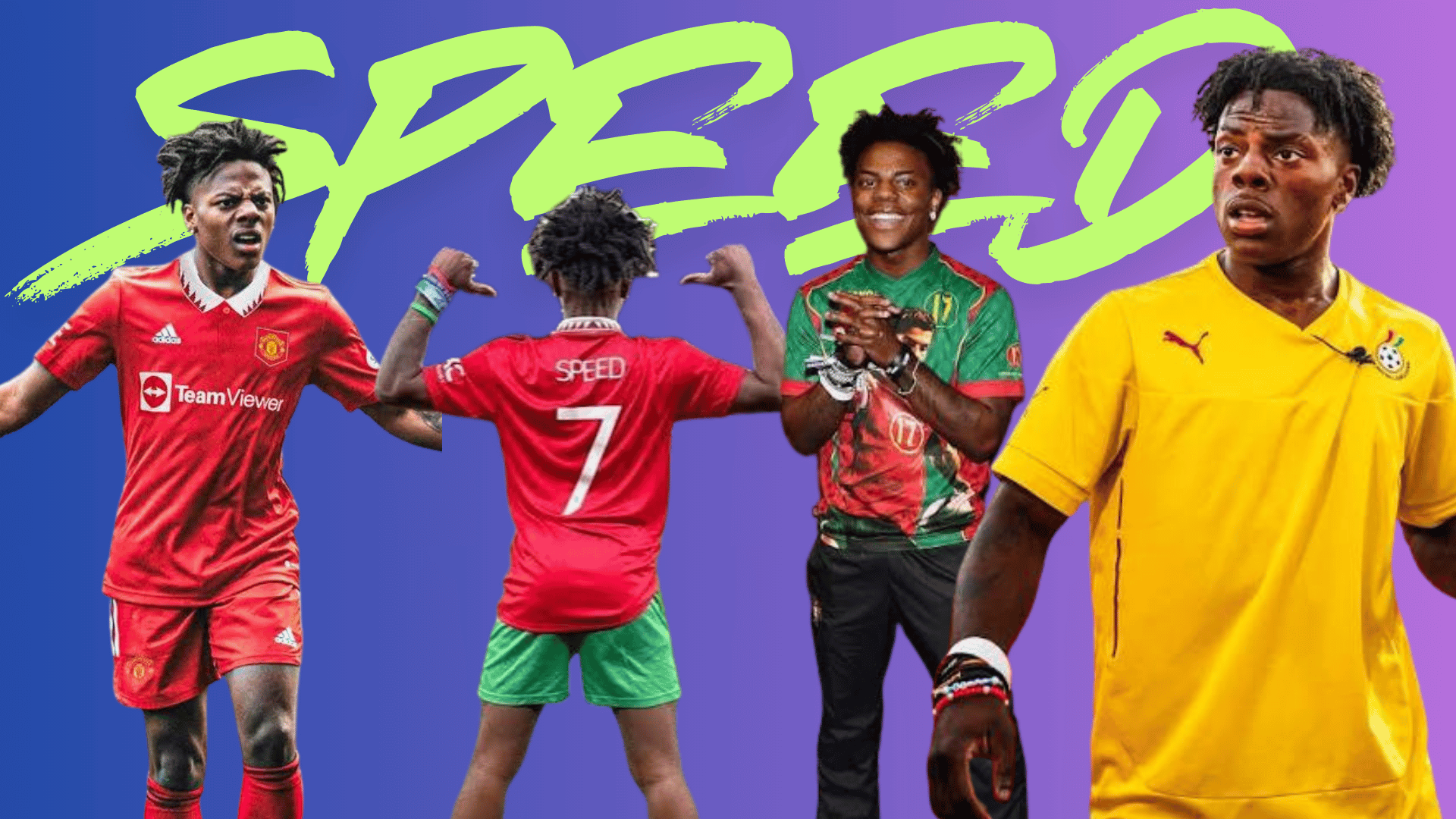 Creator in multiple football jerseys with "Speed" text and cutout poses on a blue and purple background.