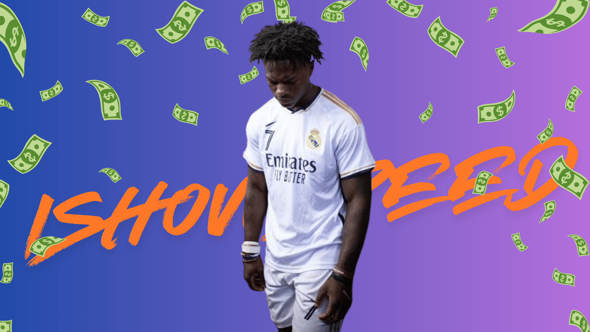 Creator wearing a football jersey with falling money illustrations and text on a blue and purple background.