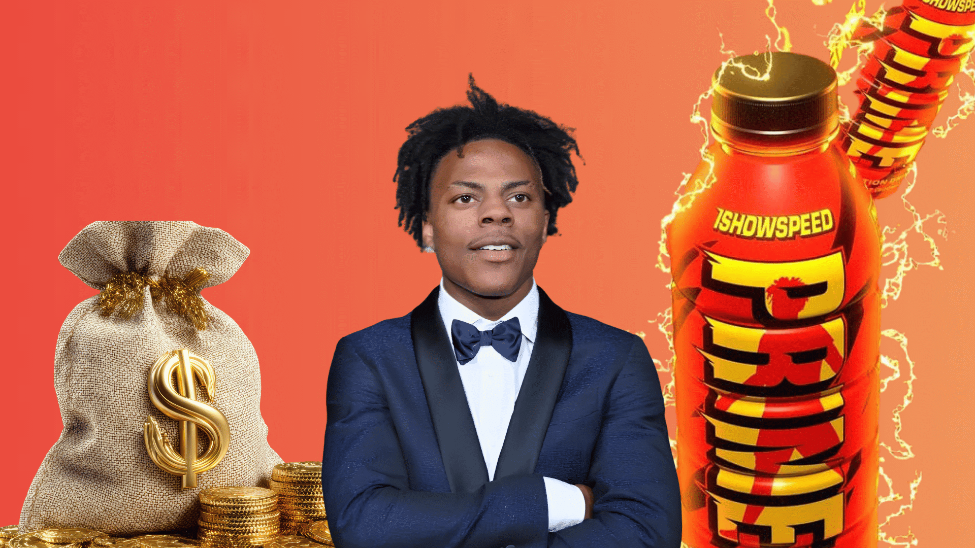 IShowSpeed in a suit with a money bag, gold coins, and a PRIME Hydration bottle on an orange background.