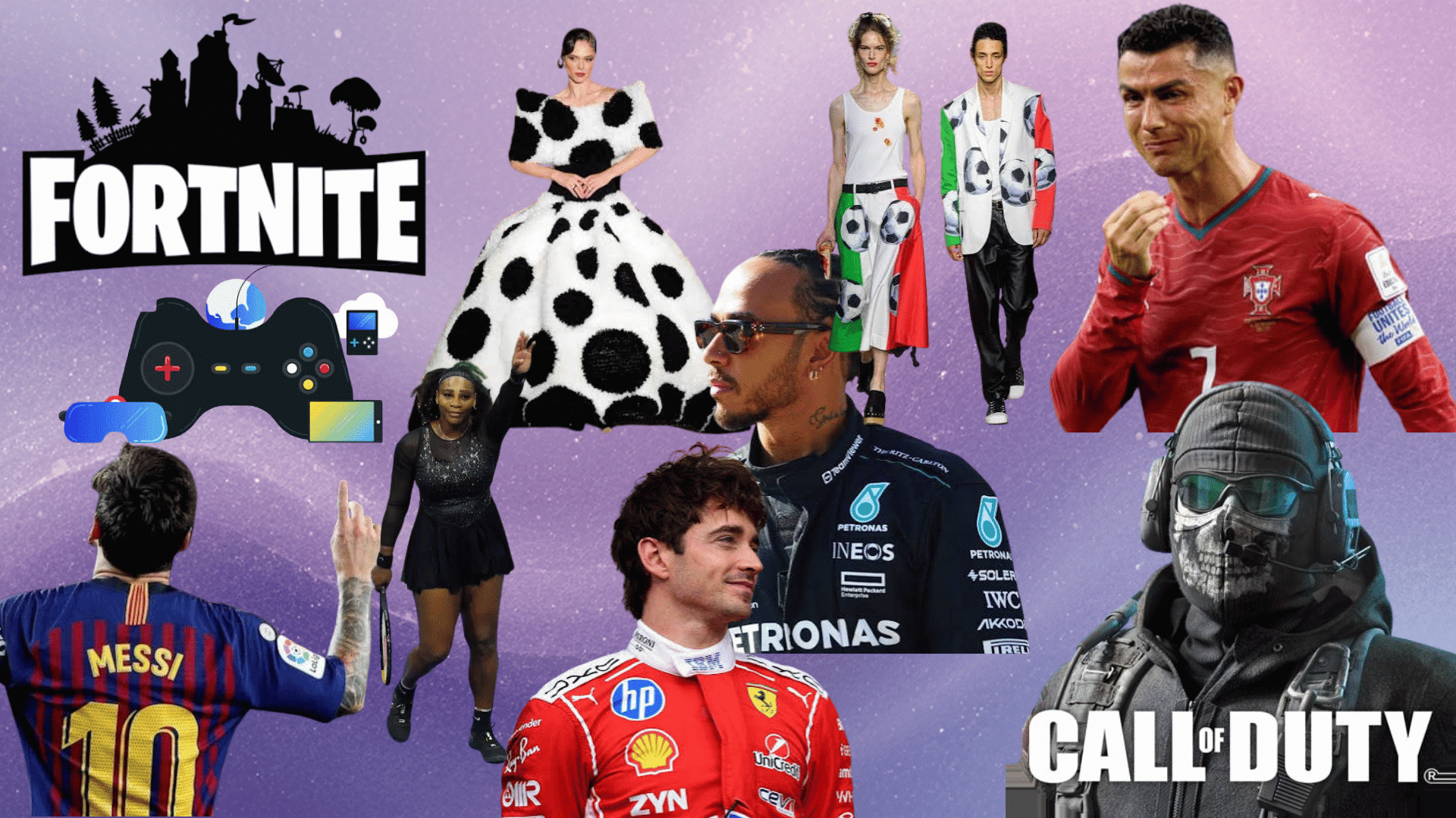 Collage featuring sports stars, gaming logos like Fortnite and Call of Duty, and fashion models.