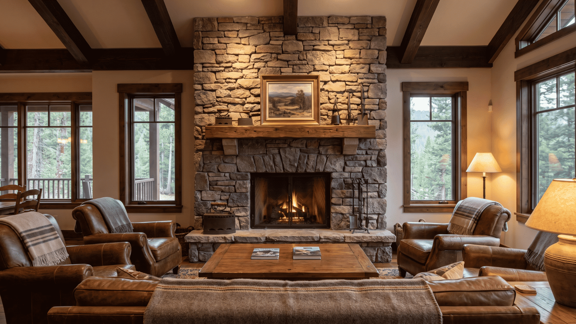 Stone fireplace centered in rustic living room with seating