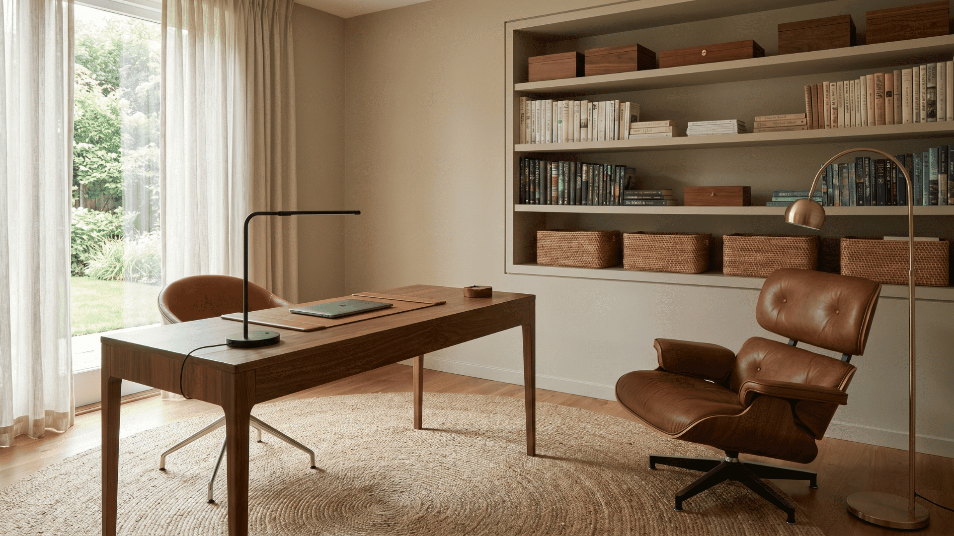 Mid-century modern study with minimal desk, Eames chair, and organized workspace