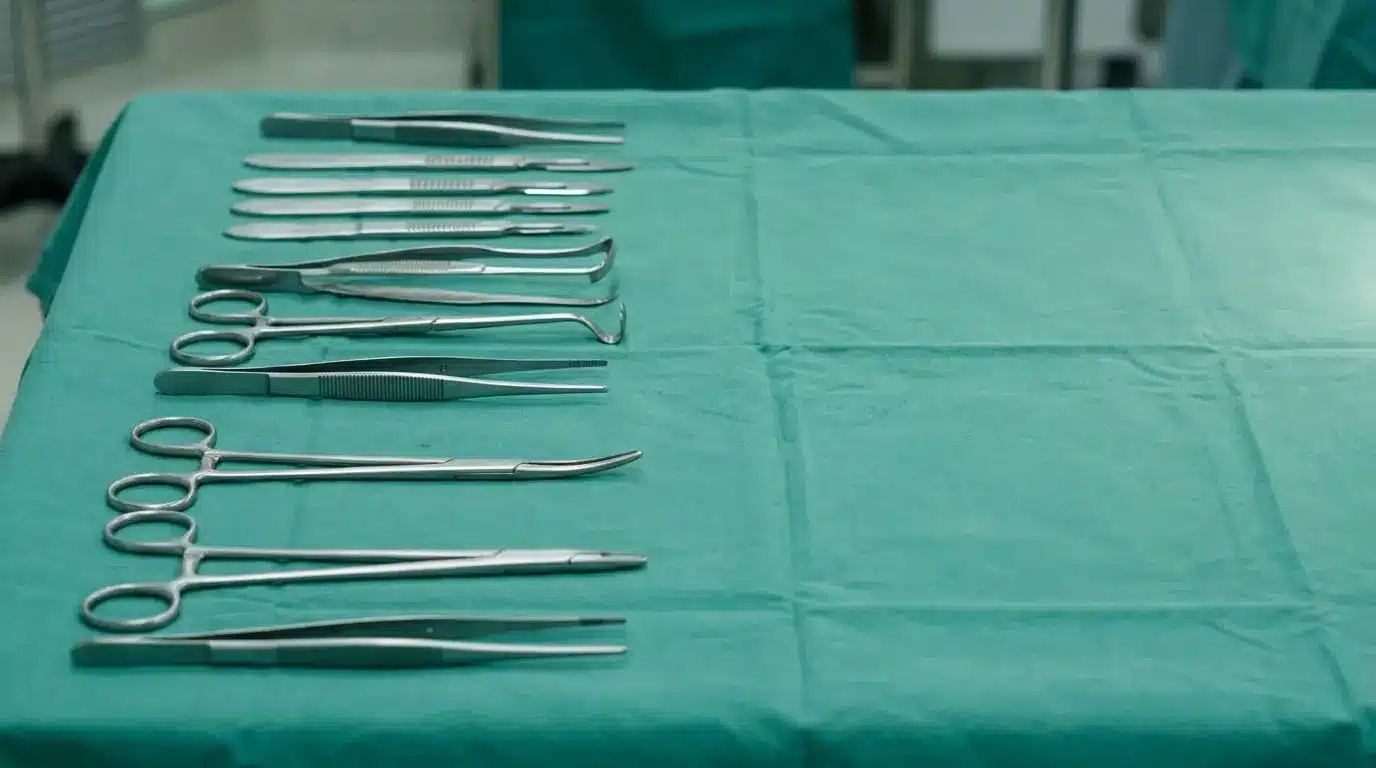 Surgical instruments neatly arranged on green sterile drape in operating room setting