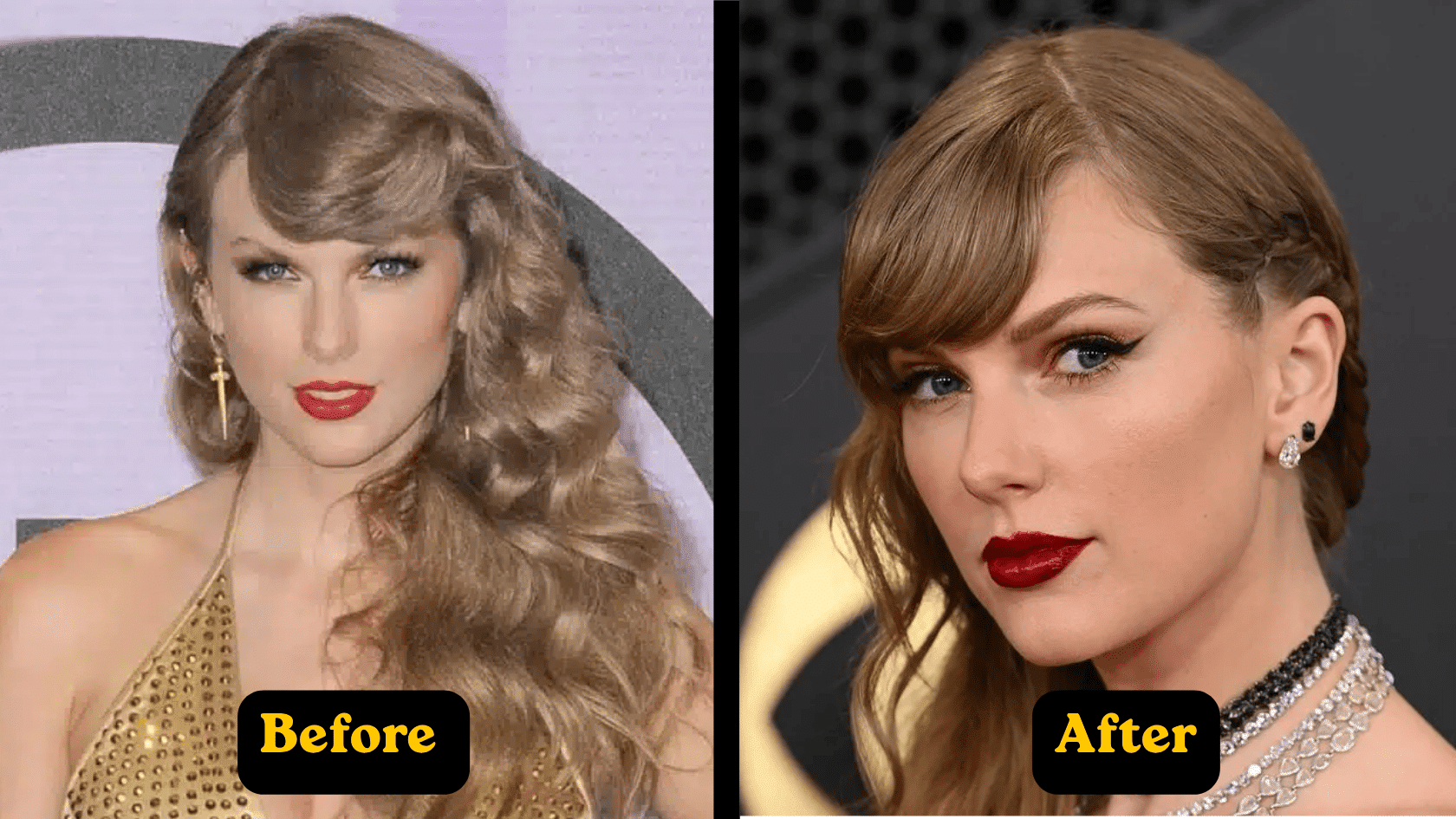 Taylor Swift plastic surgery before and after comparison showing changes in brows over time.